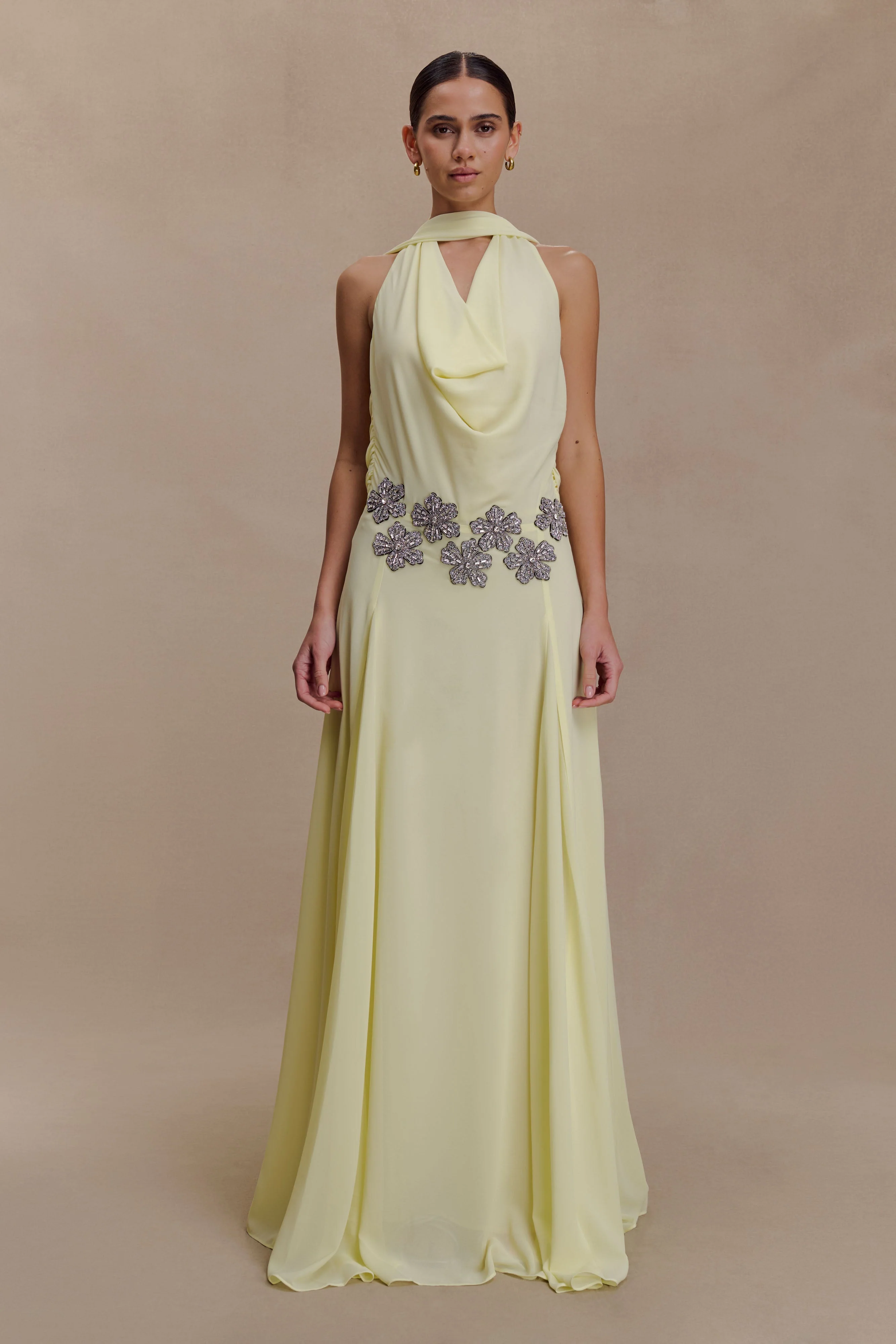 Santal Floral Chiffon Halter Maxi Dress - Lemon
