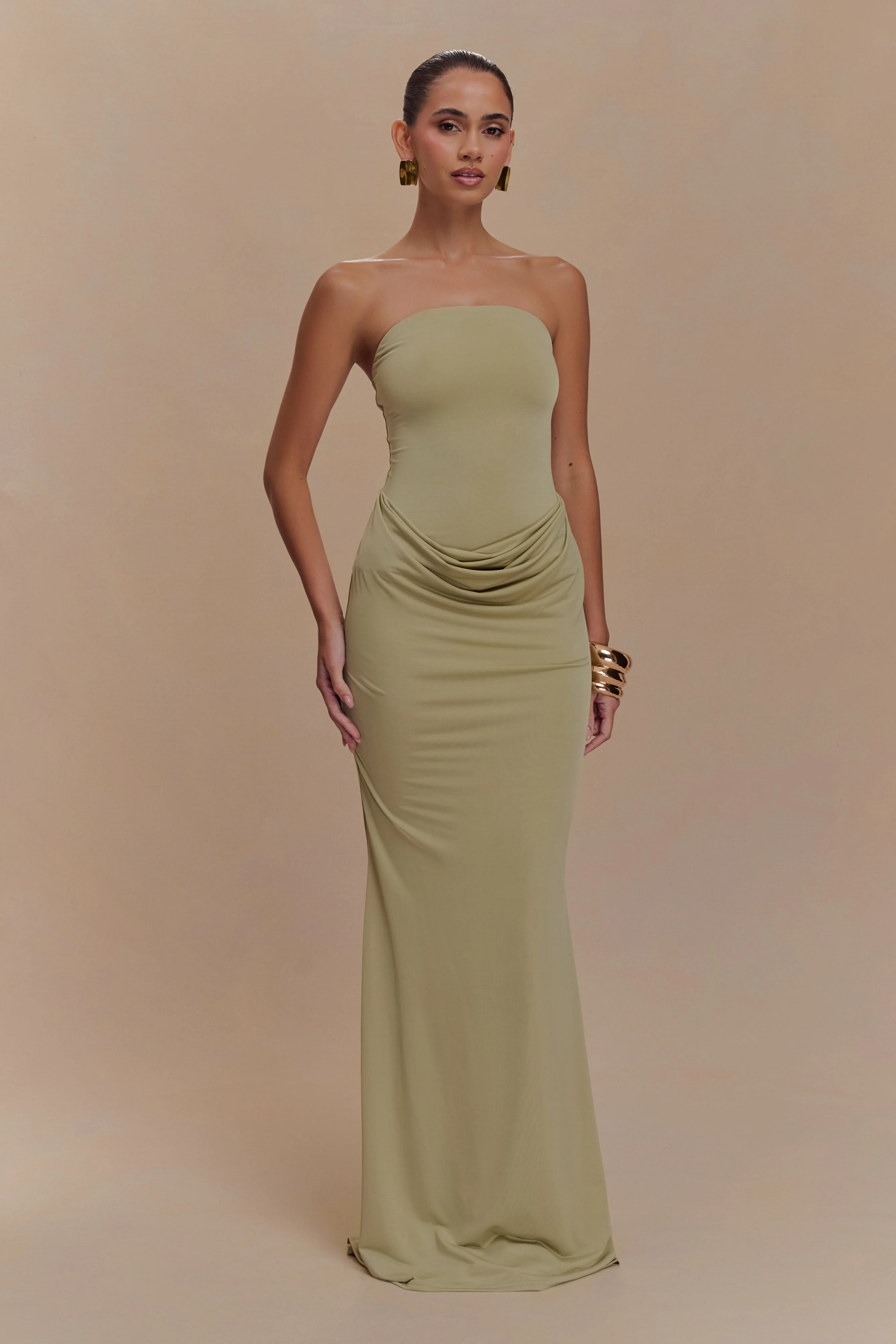 Madison Strapless Slinky Maxi Dress - Sage
