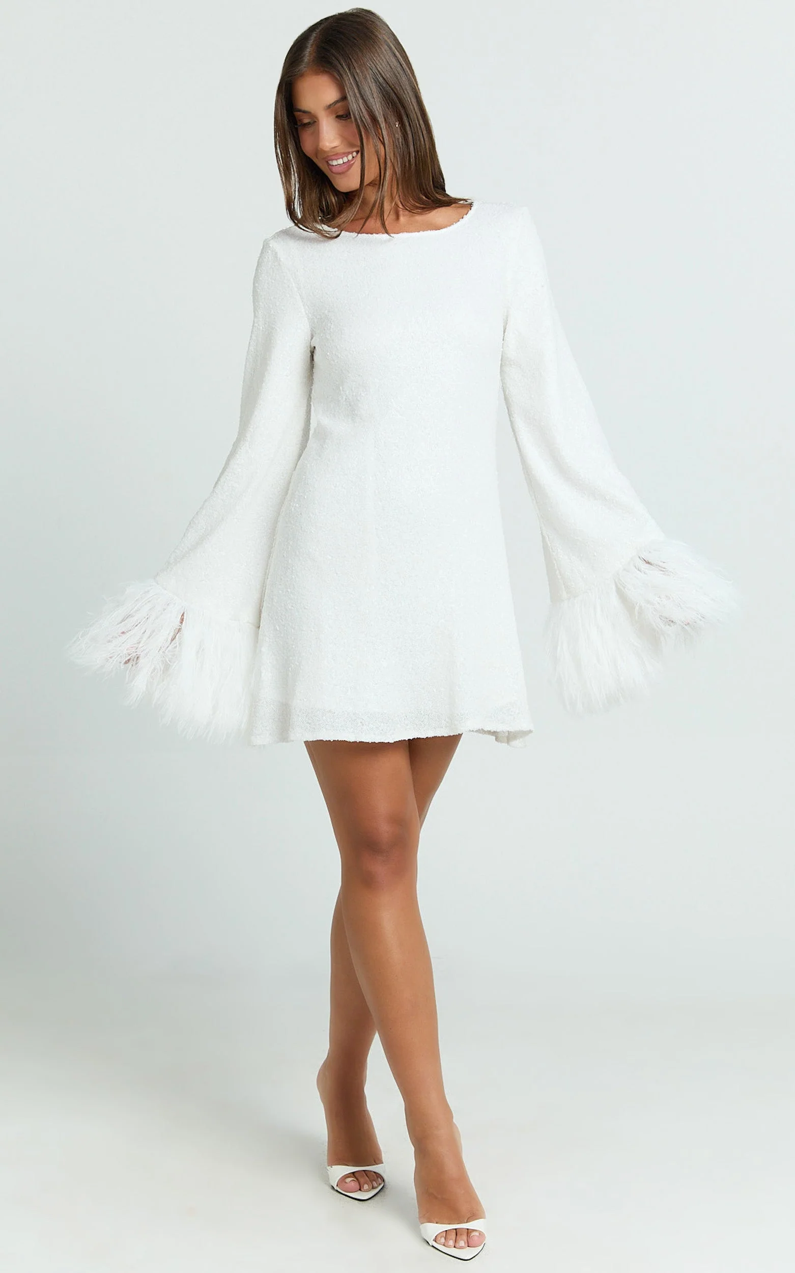 Rowella Mini Dress - Faux Feather Bell Sleeve Dress in White