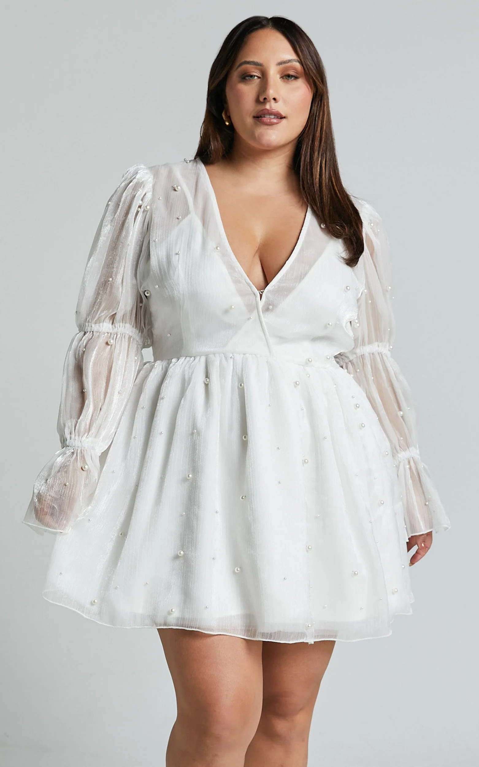 Solanna Mini Dress - Long Puff Sleeve V Neck Dress in White