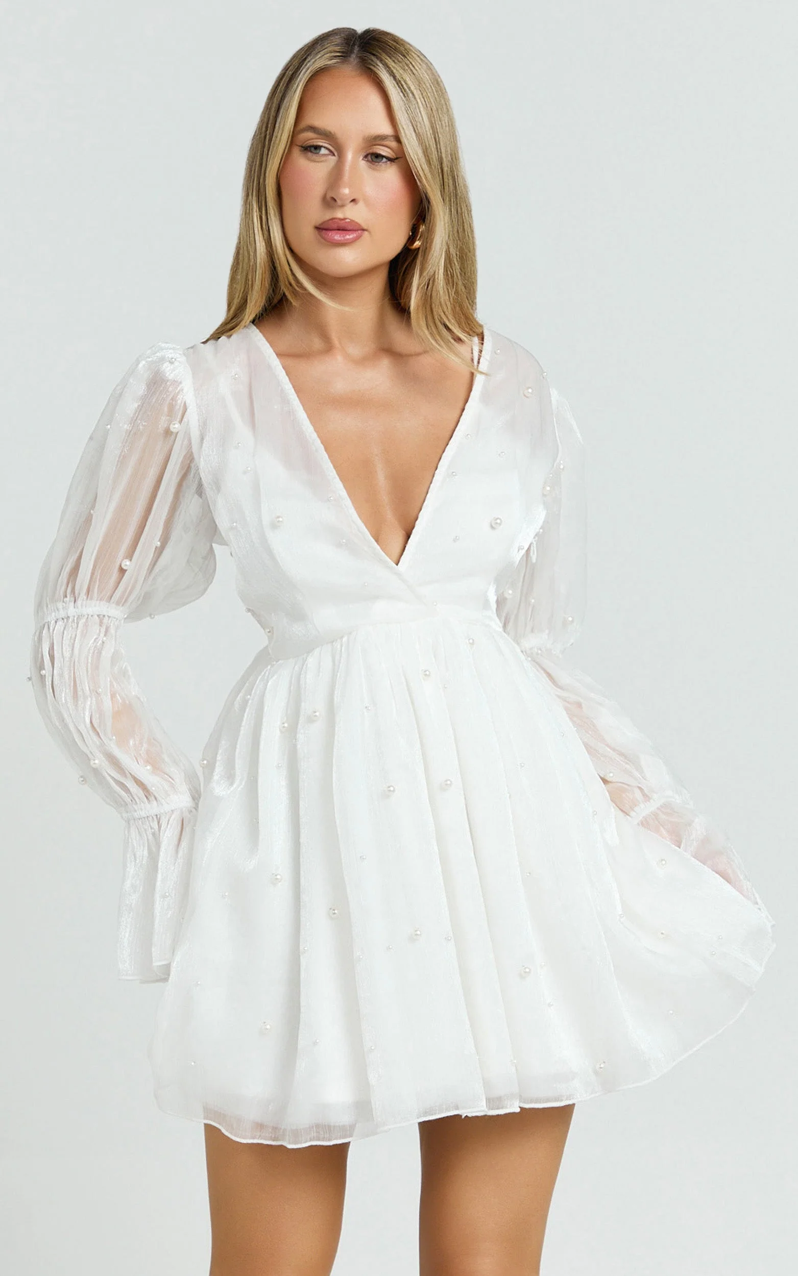 Solanna Mini Dress - Long Puff Sleeve V Neck Dress in White