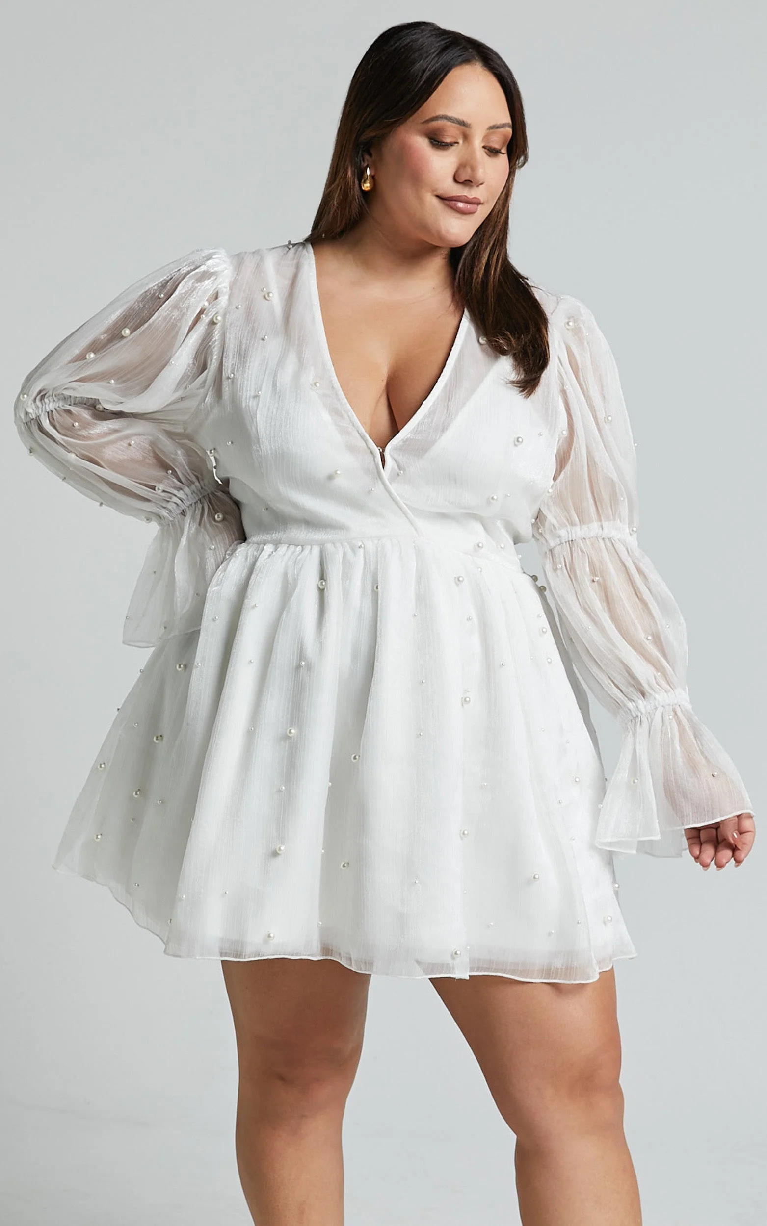 Solanna Mini Dress - Long Puff Sleeve V Neck Dress in White