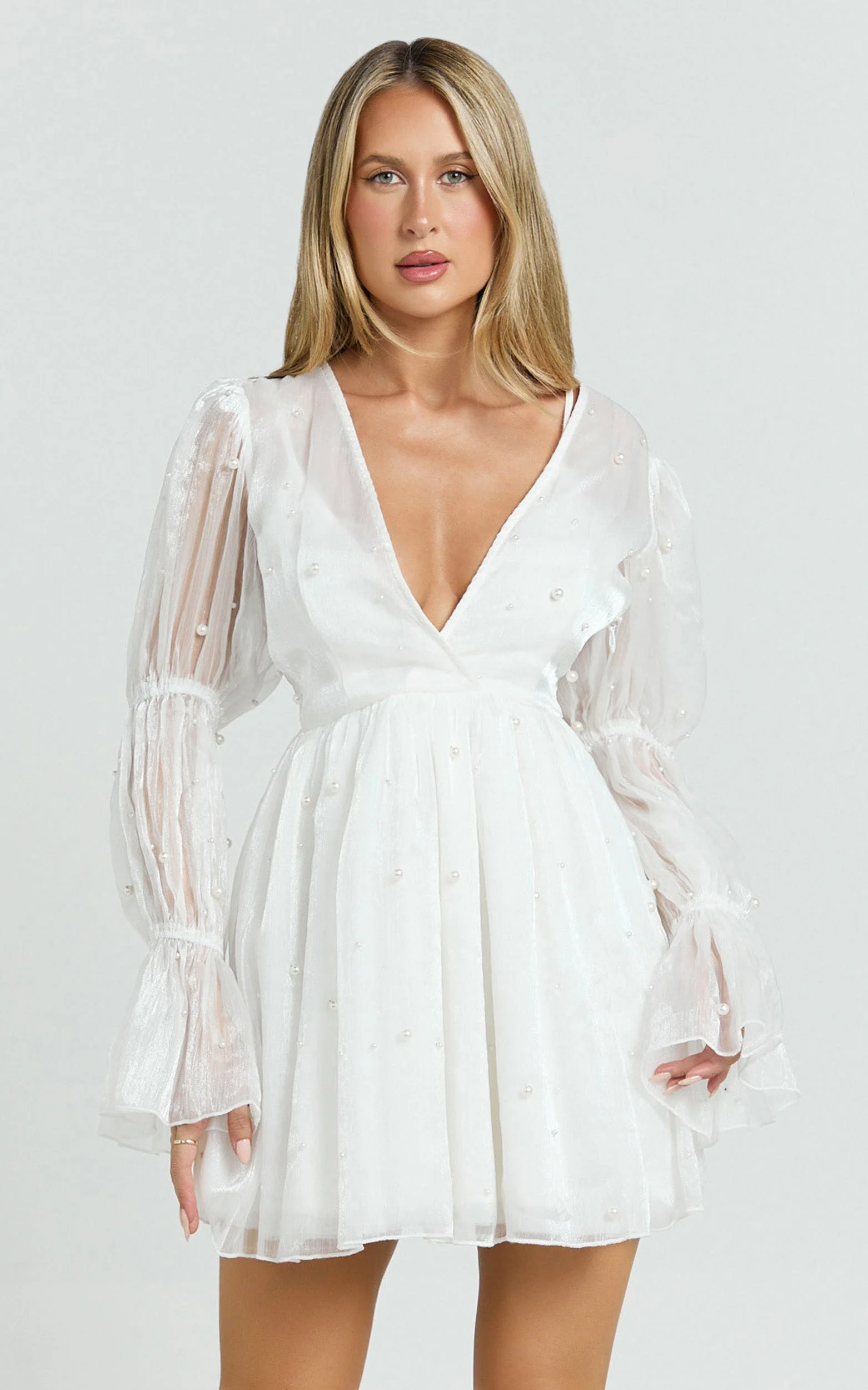 Solanna Mini Dress - Long Puff Sleeve V Neck Dress in White