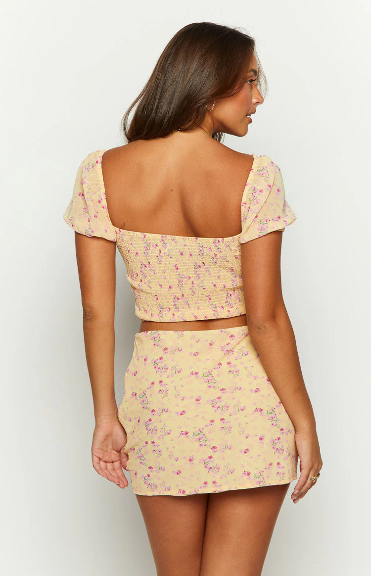 Nandita Yellow Floral Pleated Crop Top