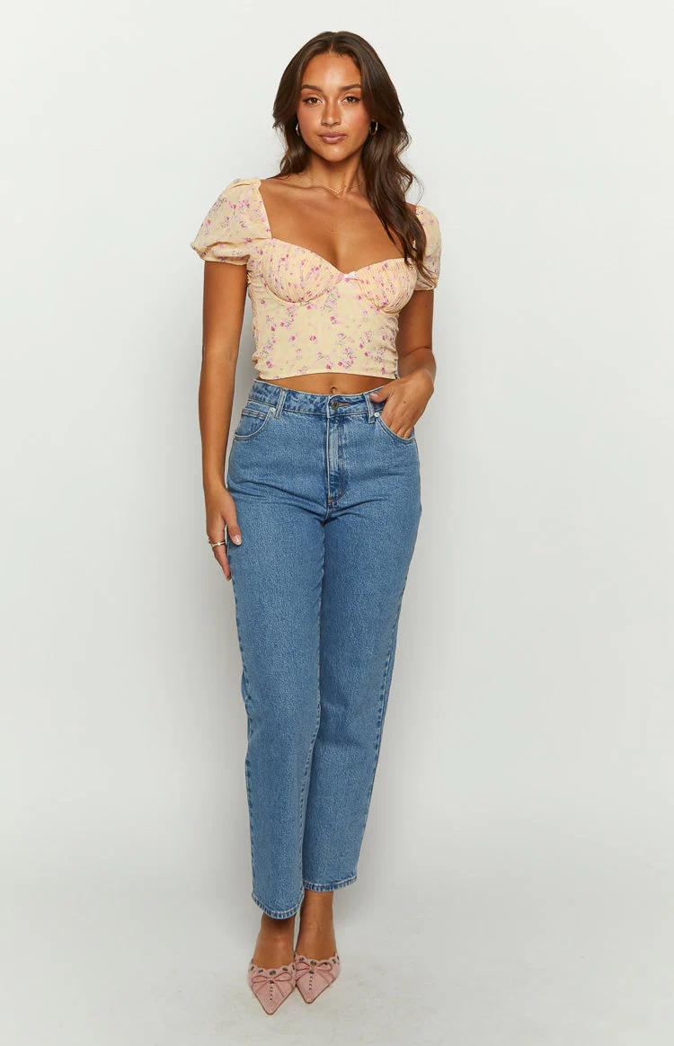 Nandita Yellow Floral Pleated Crop Top