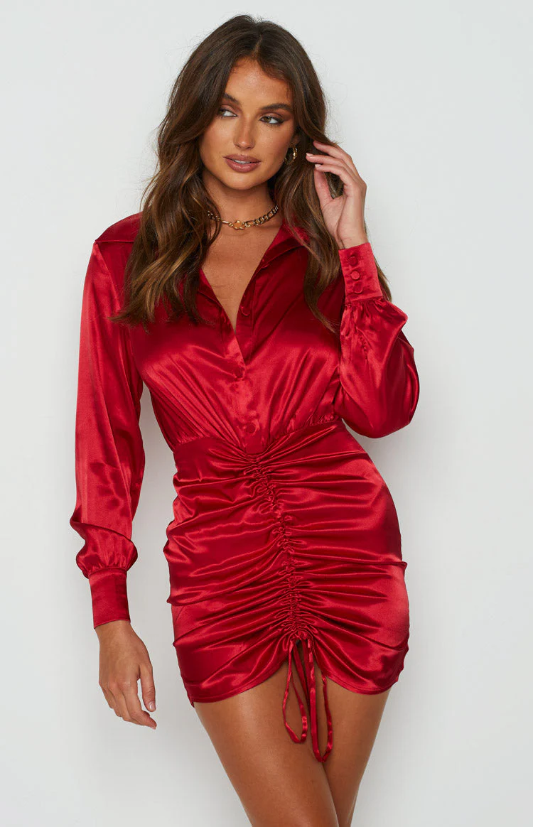 Lover Satin Shirt Dress Red