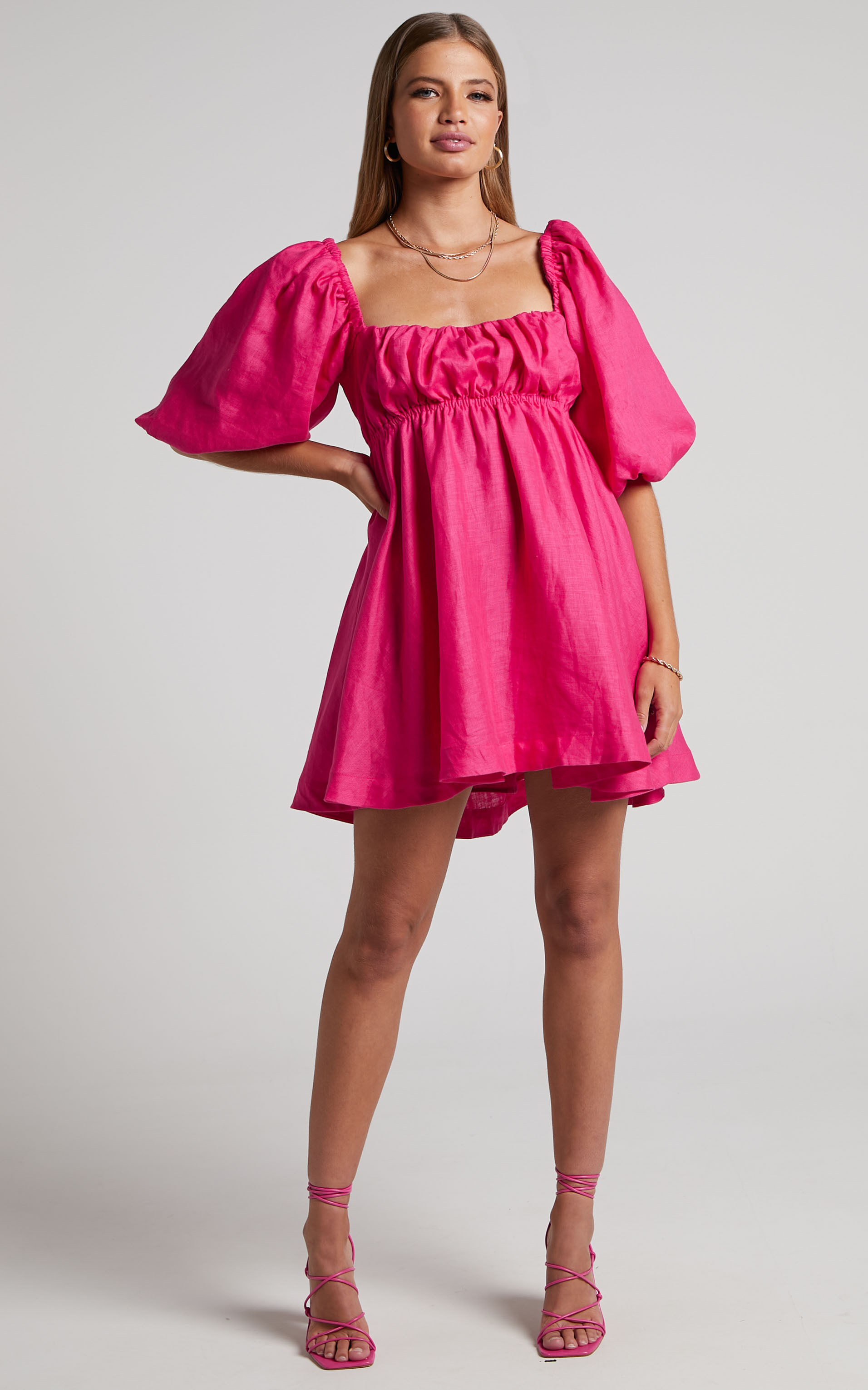 Amalie The Label - Hamyya Linen Tie Back Puff Sleeve Mini Linen Dress in Magenta