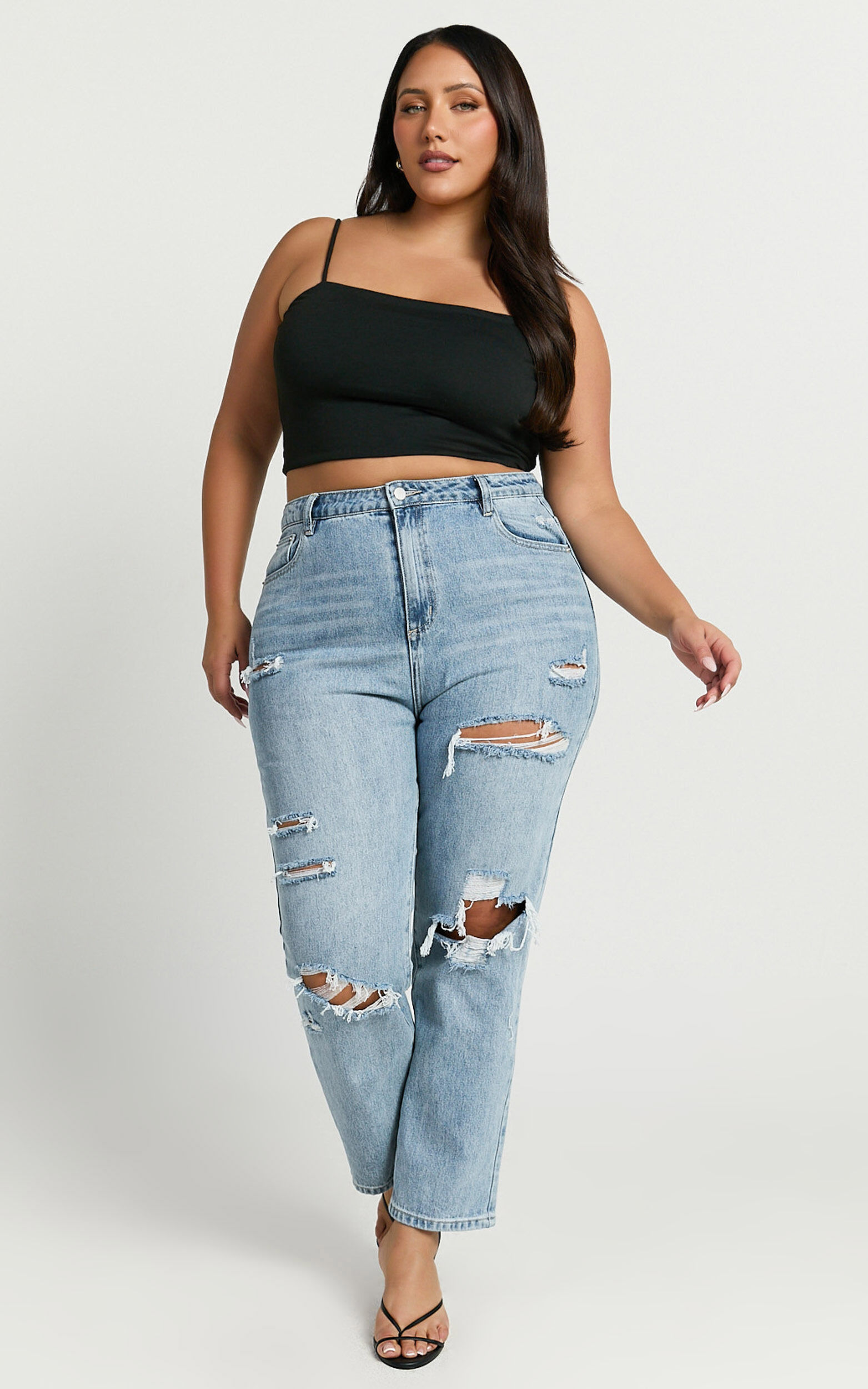 Billie Jeans - High Waisted Cotton Distressed Mom Denim Jeans in Mid Blue Wash