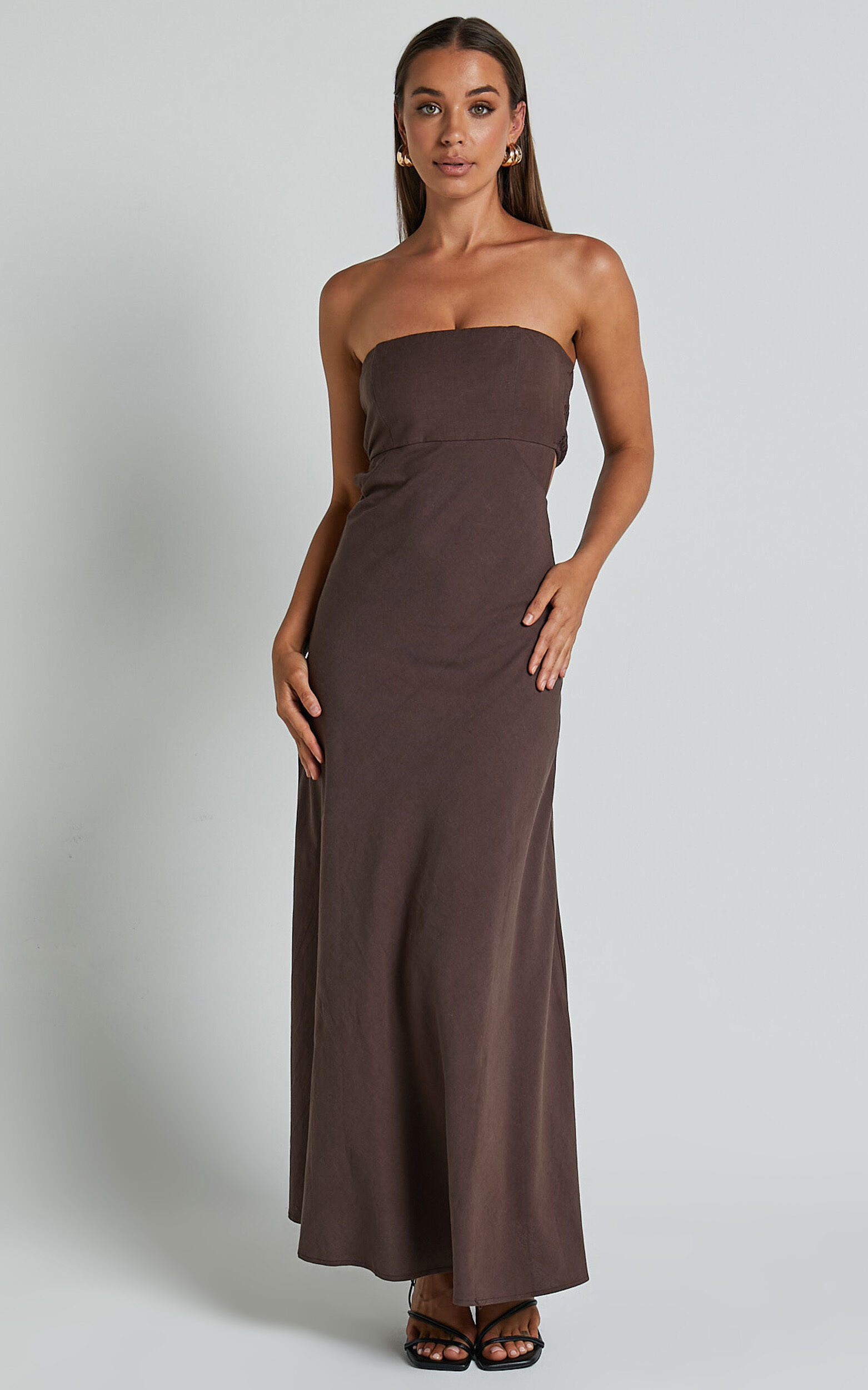 Elerie Maxi Linen Dress - Strapless Linen Dress in Chocolate
