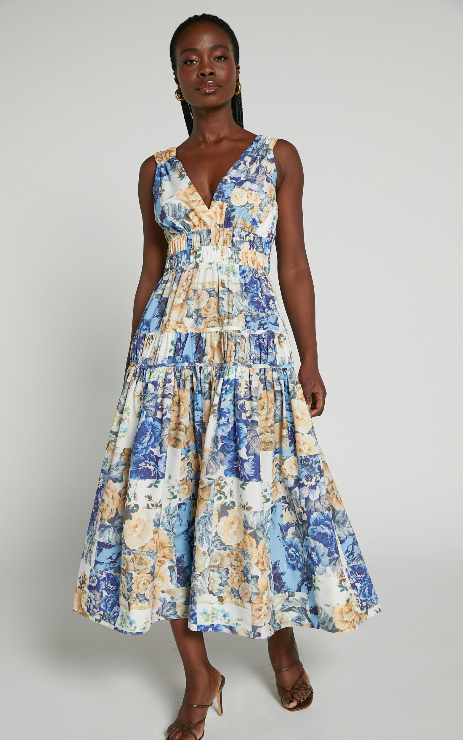 Emily Midi Dress - Plunge Tiered Midi in Patchwork Floral