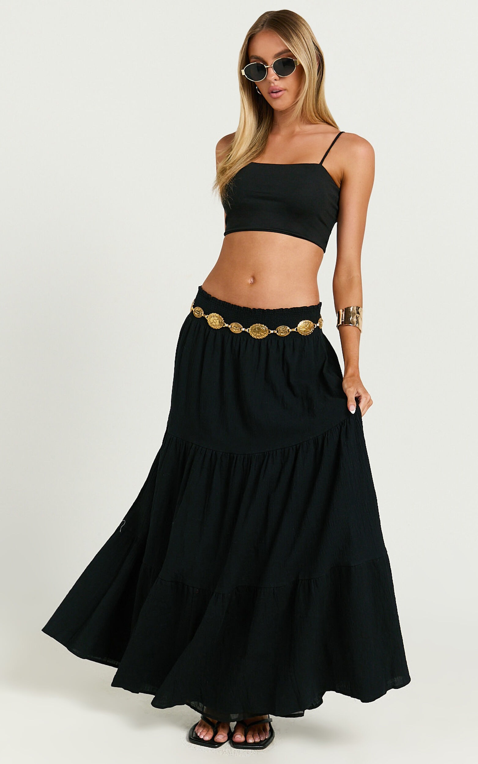 Ruby Midi Skirt - Shirred High Waist Cotton Tiered Midi Skirt in Black