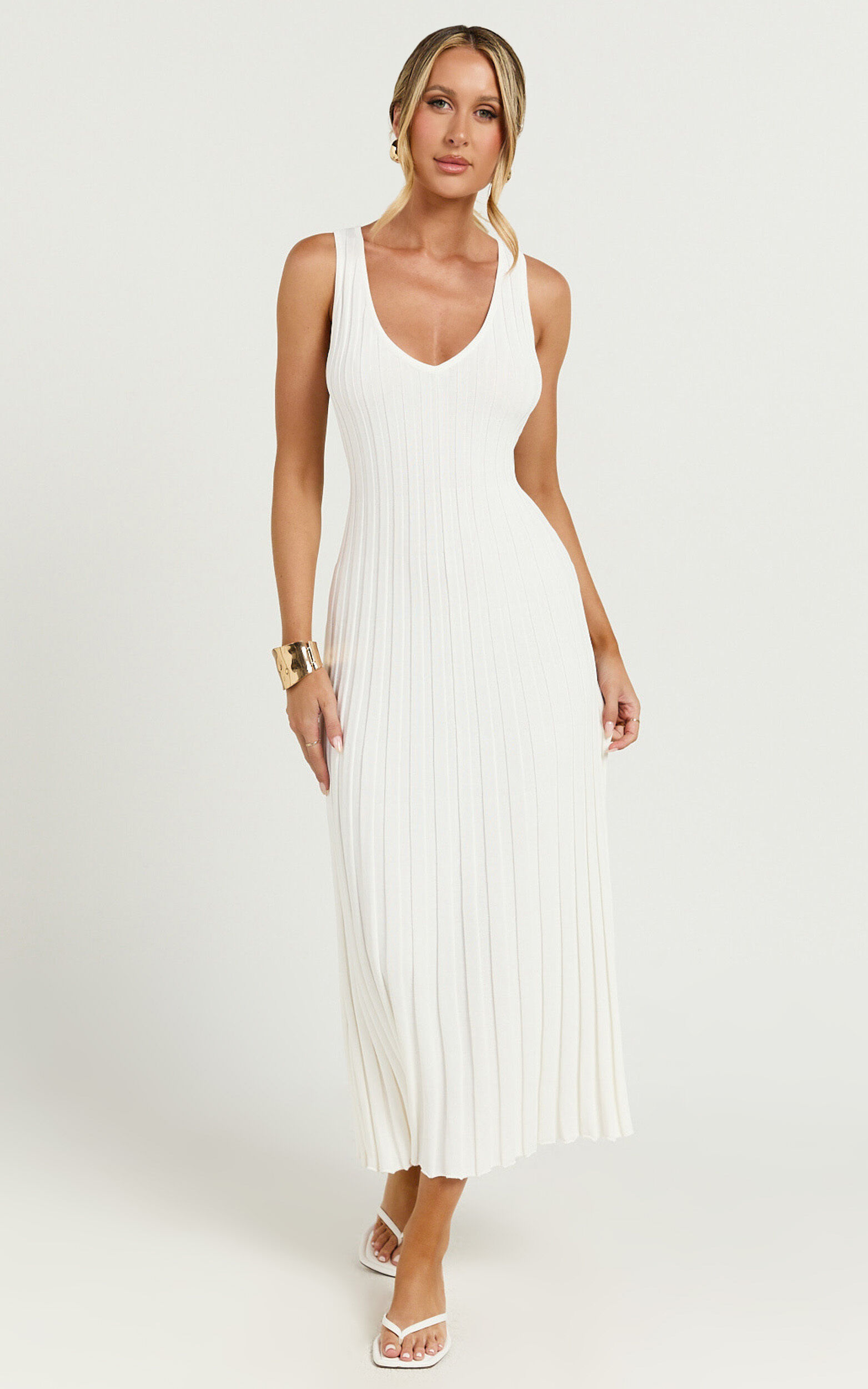 Maya Midi Knit Dress - Sleeveless V Neck Knited Dress in White