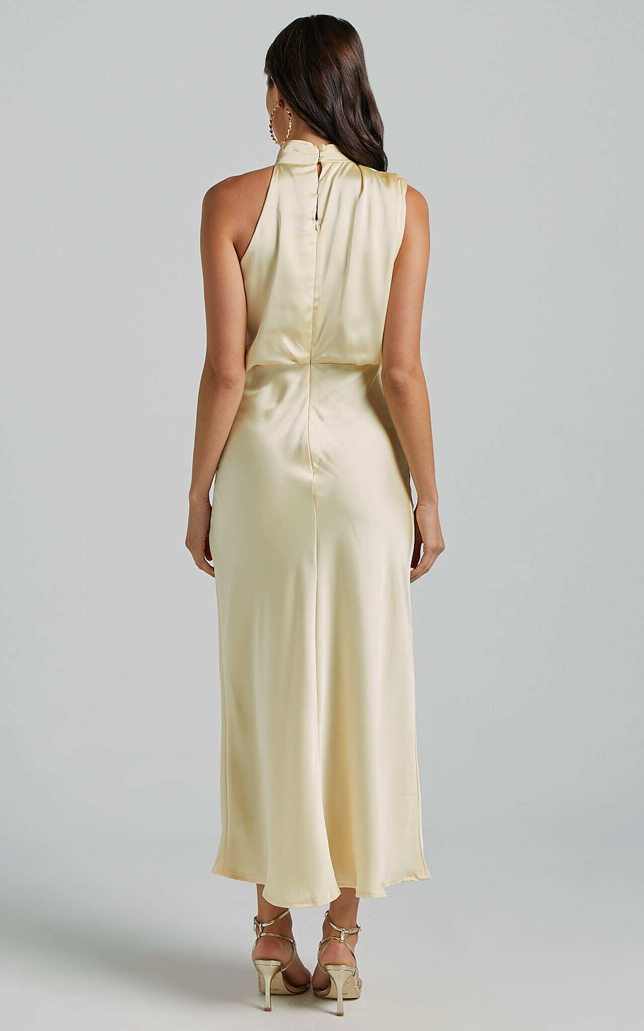 Minnie Midi Dress - Drape Neck Satin Slip Dress in Butter Yellow