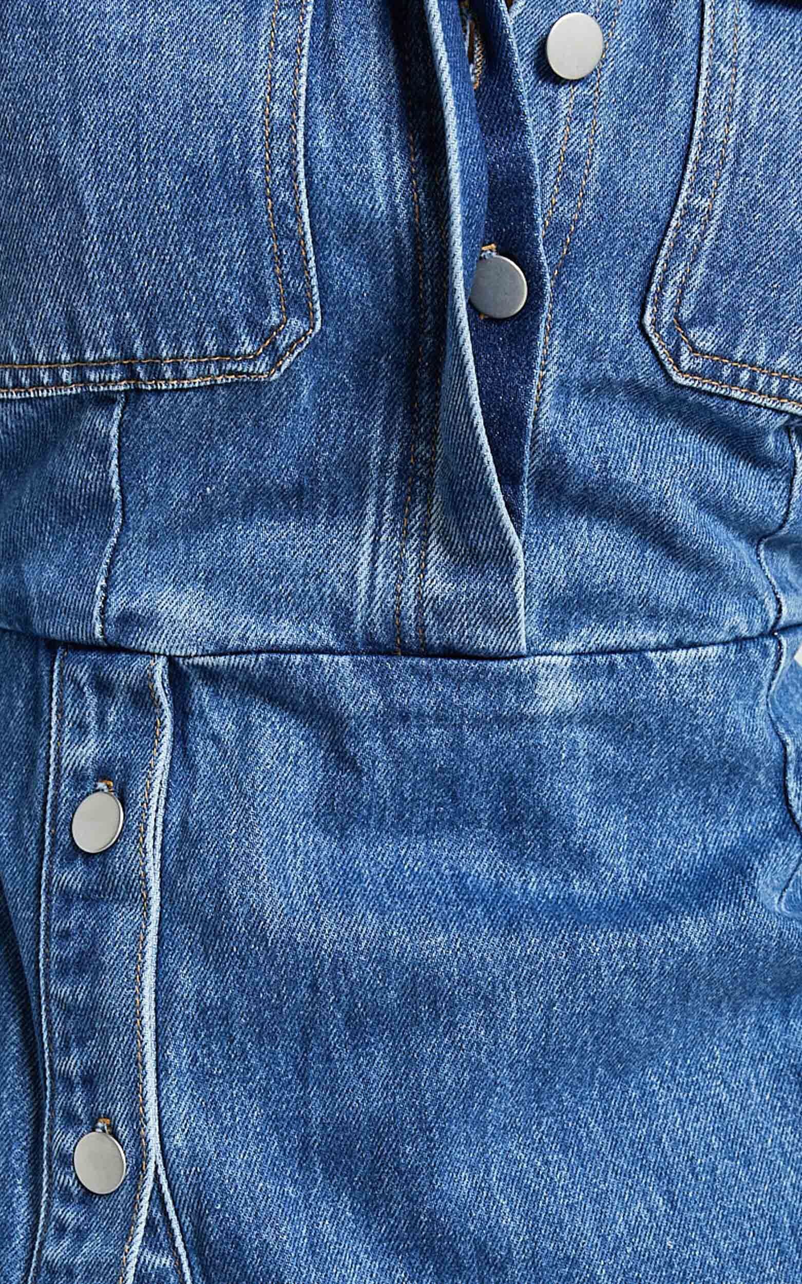 Ainsley Mini Dress - Button Through Long Sleeve Denim Dress in Mid Blue Wash