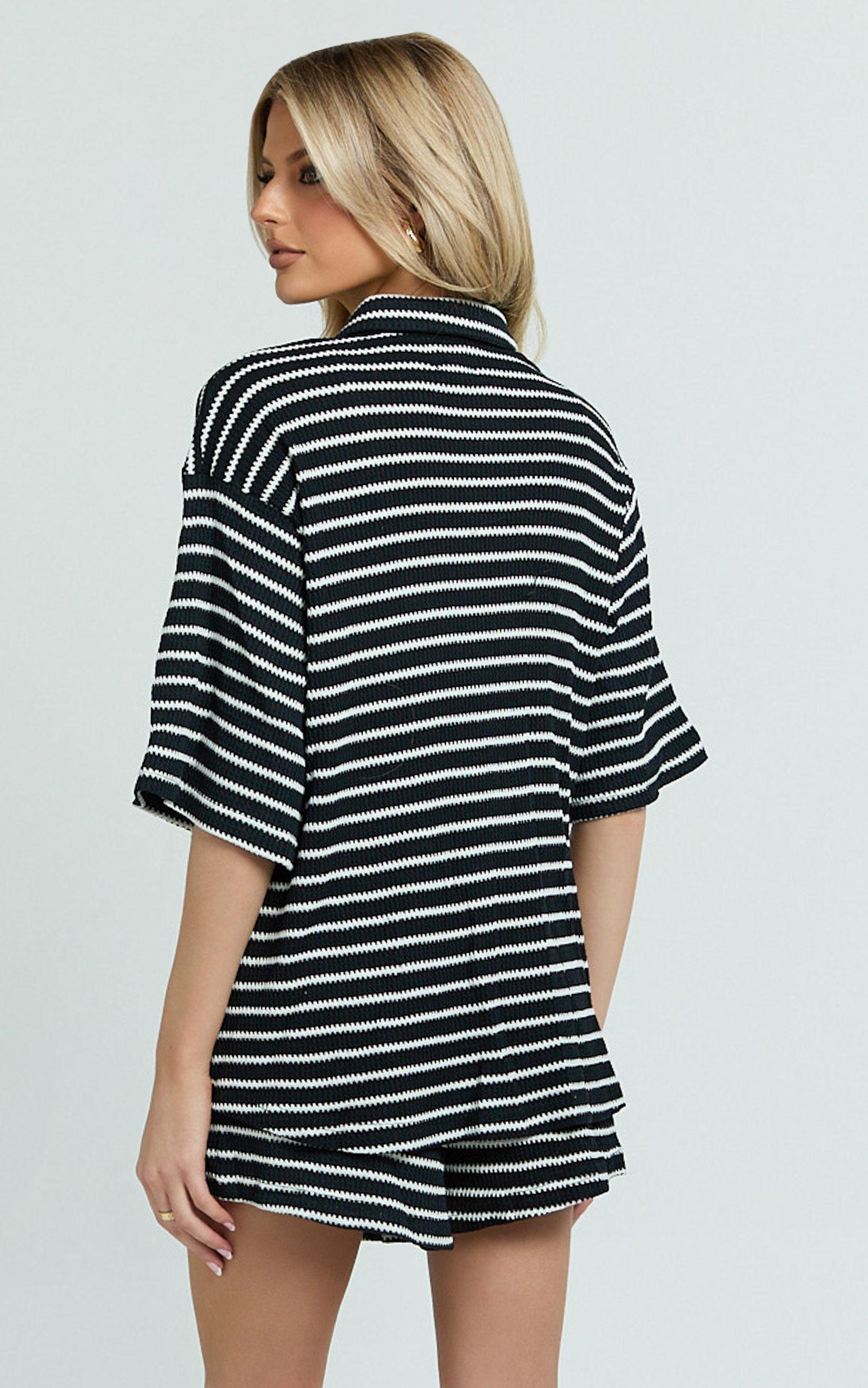Dylan Two Piece Set - Striped Waffle Shirt and Short Set in Black & White Stripe