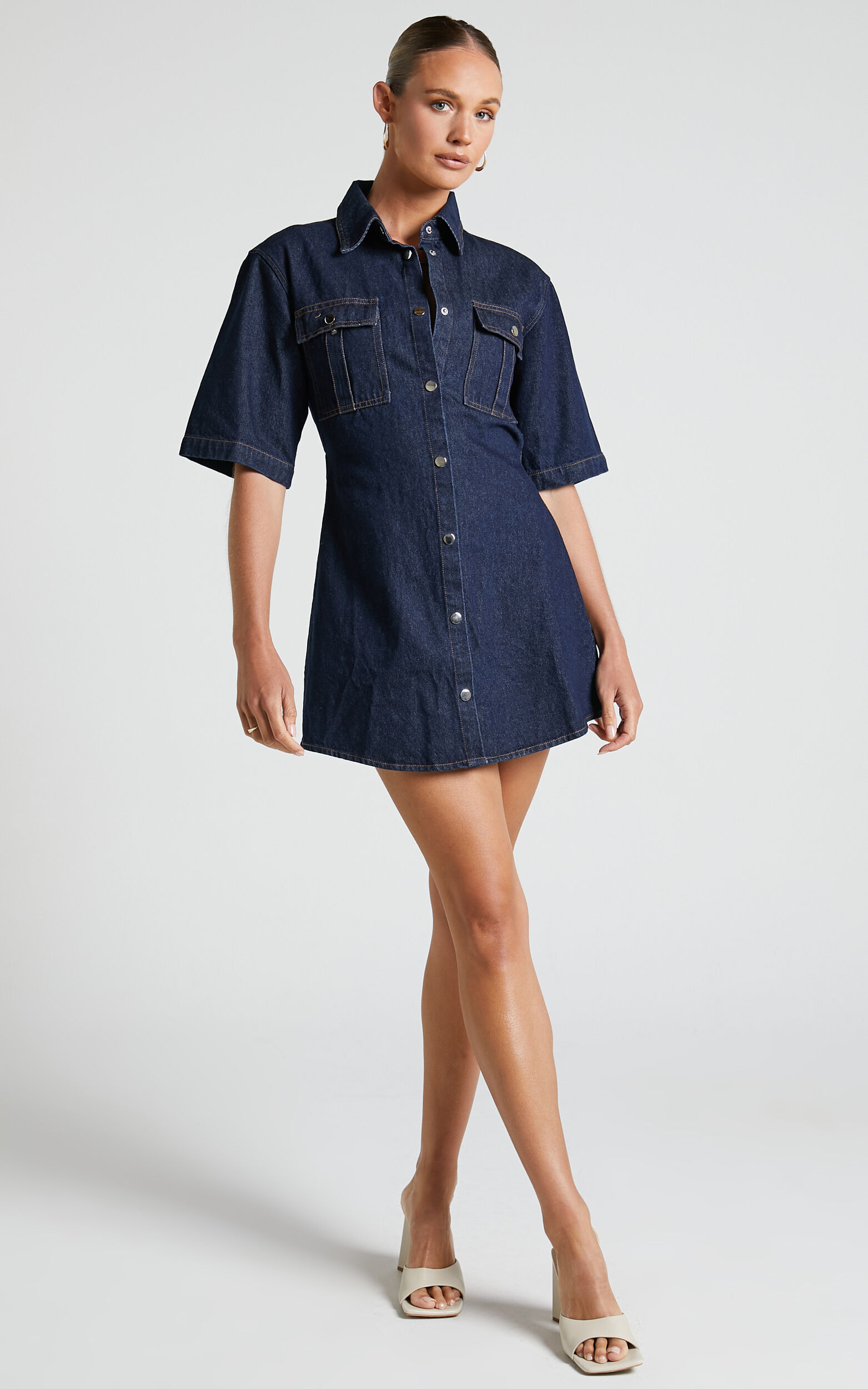 Leilani Mini Dress - Denim Short Sleeve Button Up Dress in Indigo Denim