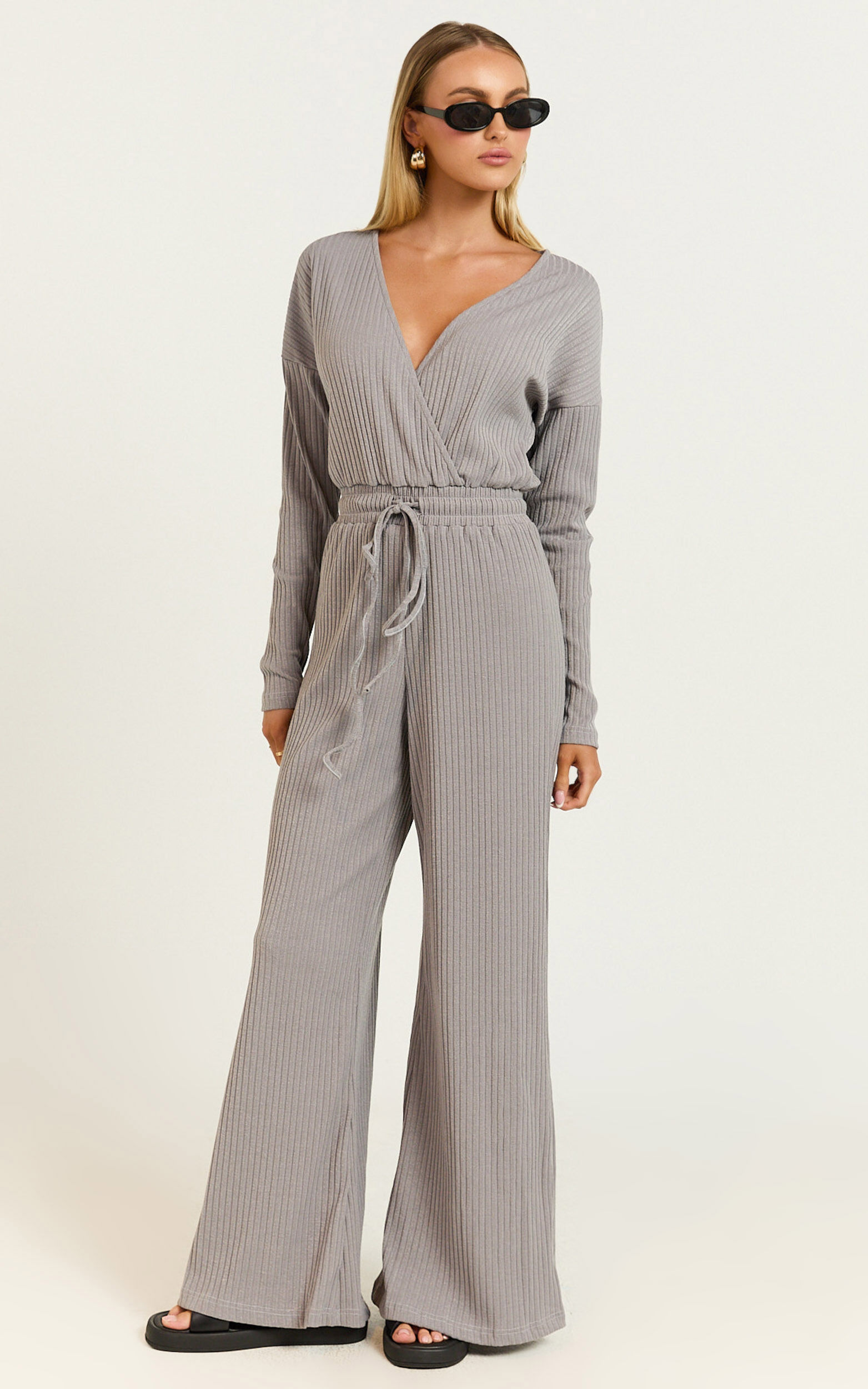 Camille Jumpsuit - Ribbed Jersey Long Sleeve Wide Leg Jumpsuit in Slate Grey