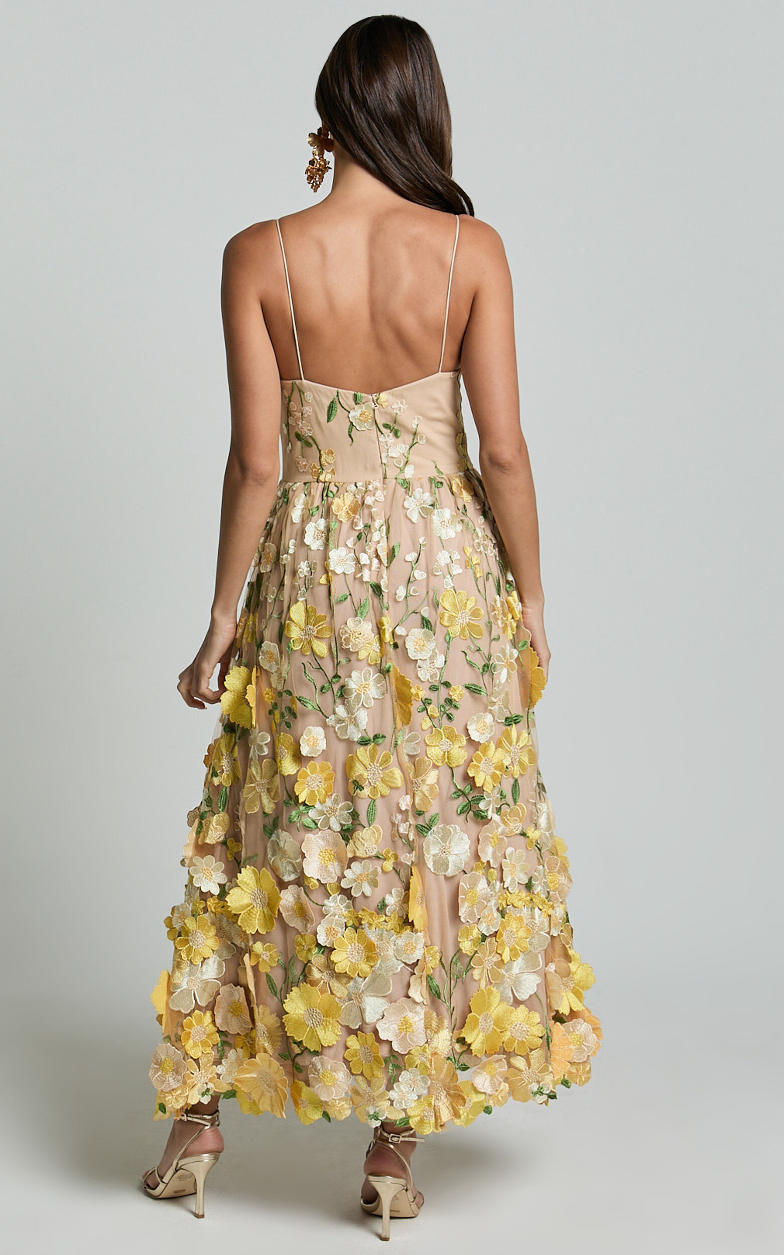 Amalie The Label - Mia Strappy Flower Detail Midi Dress in Yellow