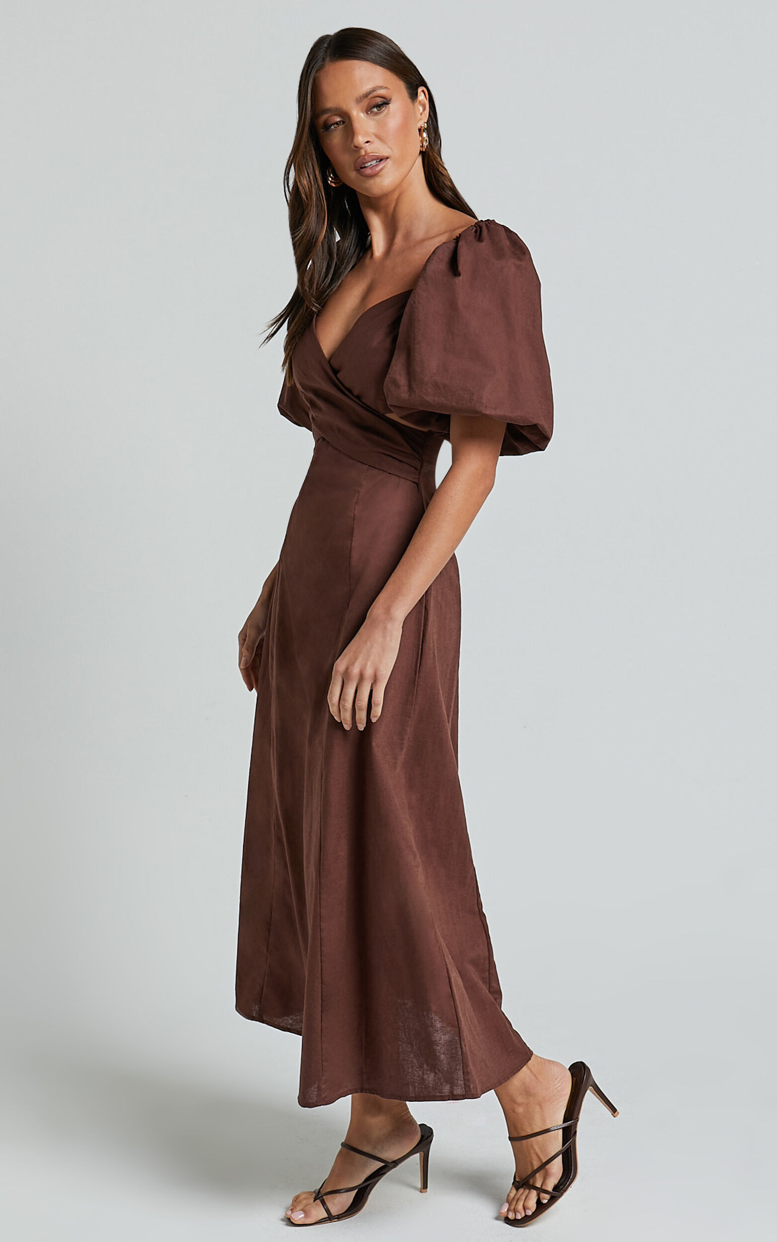 Amalie The Label - Janae Linen Blend Puff Sleeve Cut Out Midi Dress in Chocolate
