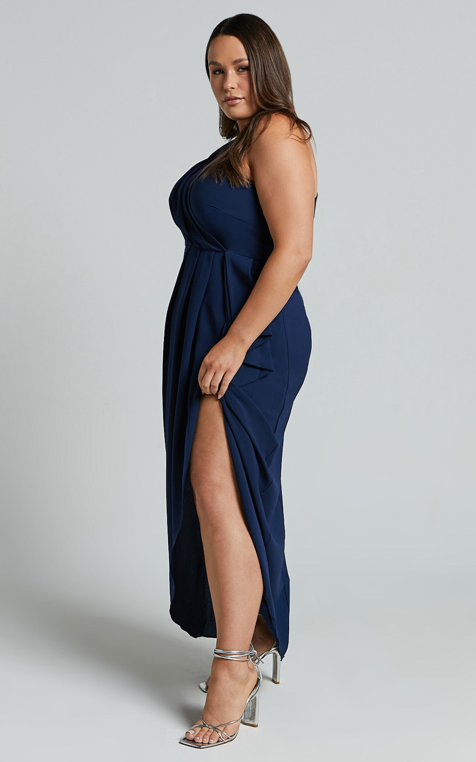 Namaari Midi Dress - Faux Wrap One Shoulder Dress in Navy