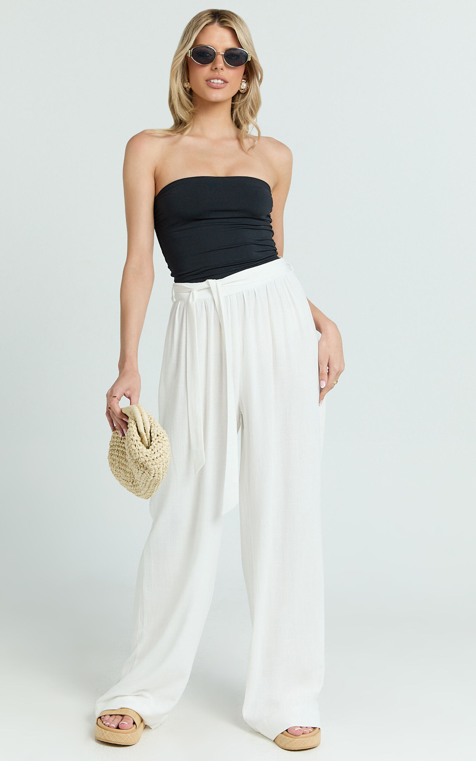 Kalli Pants - Linen Look Belted Wide Leg Relaxed Pants in White