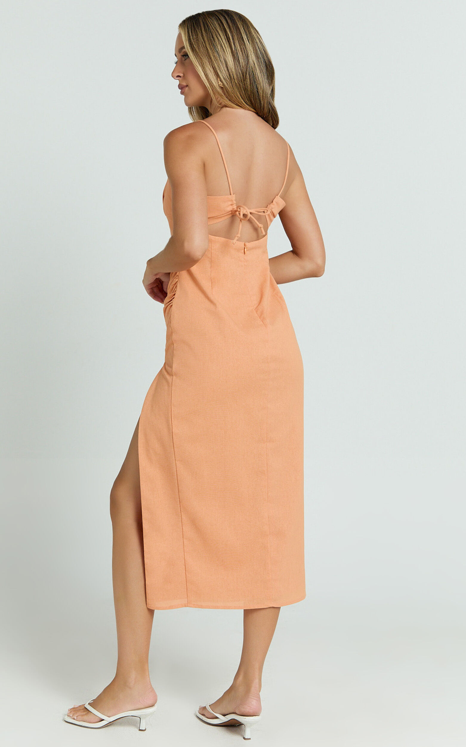Frederica Midi Linen Dress - Gathered Sweetheart Tie Back Front Split Dress in Orange