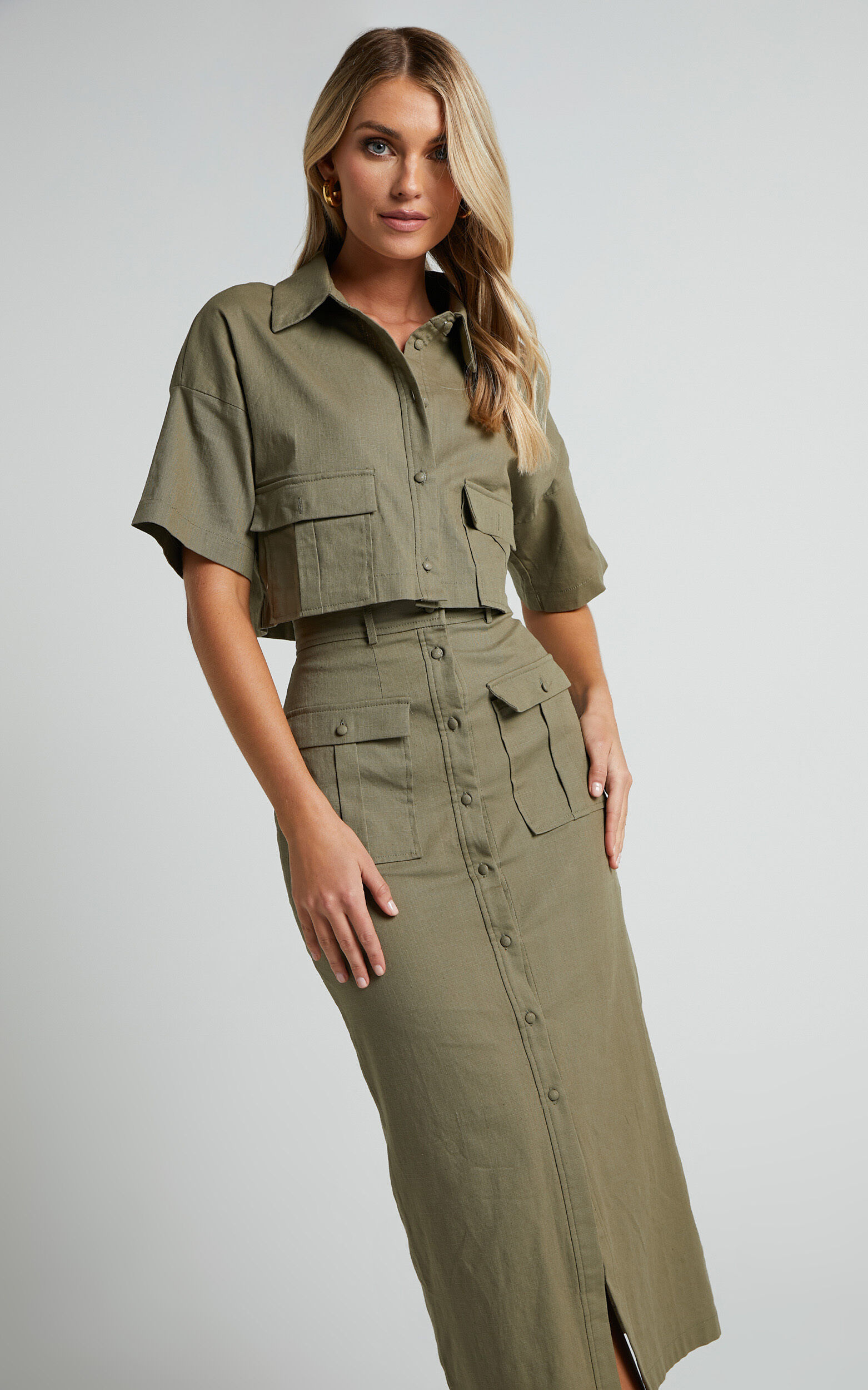 Davina Two Piece Set - Button Front Top and Midi Skirt Set in Khaki