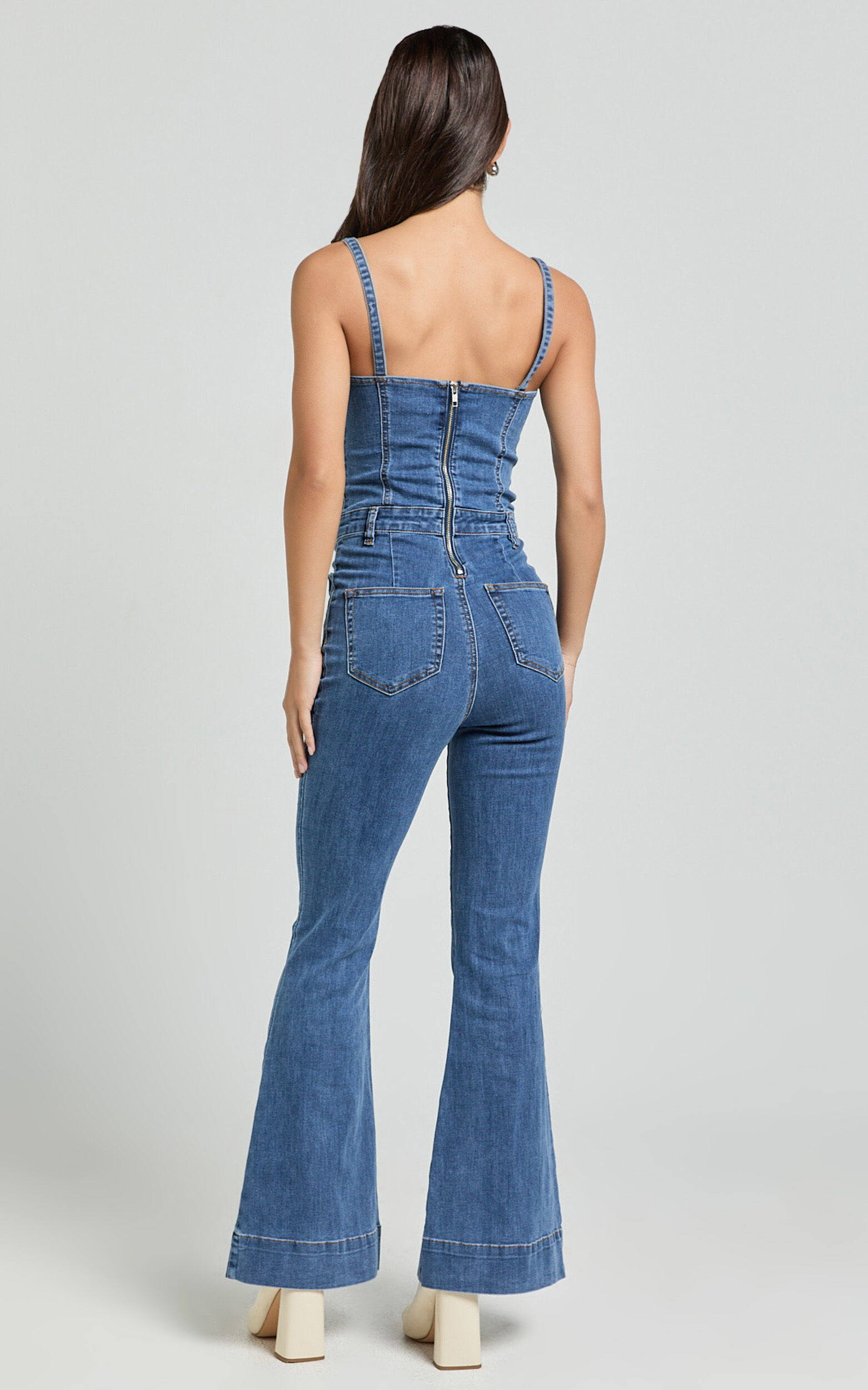 Joey Jumpsuit - Panelled Cami Flared Bottom Denim Jumpsuit in Dark Blue Wash
