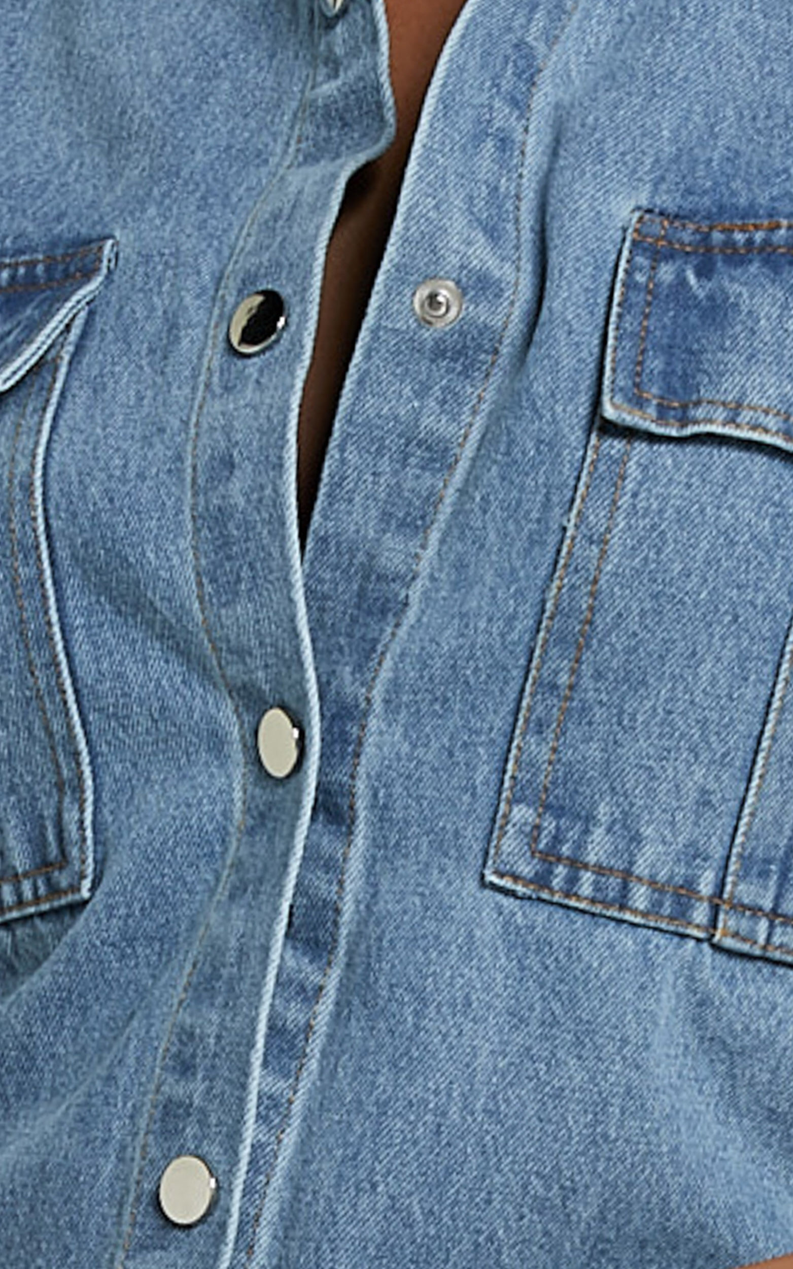 Leilani Mini Dress - Denim Short Sleeve Button Up Dress in Mid Blue