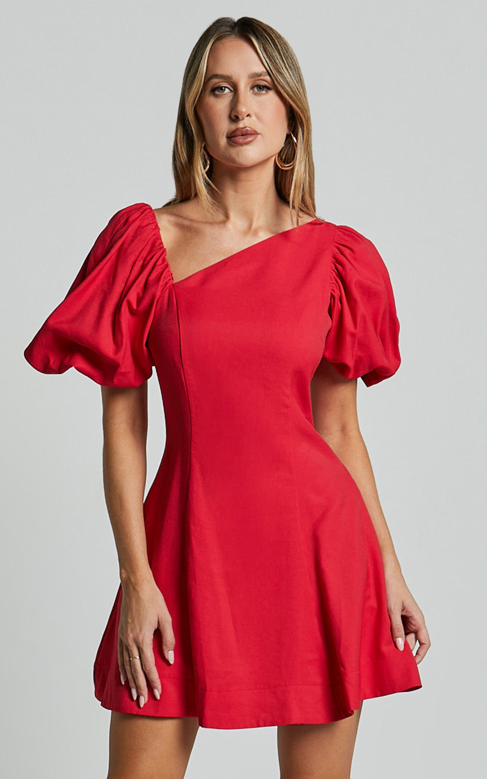 Harlow Mini Dress - Asymmetric Puff Sleeve Flare Dress in Red