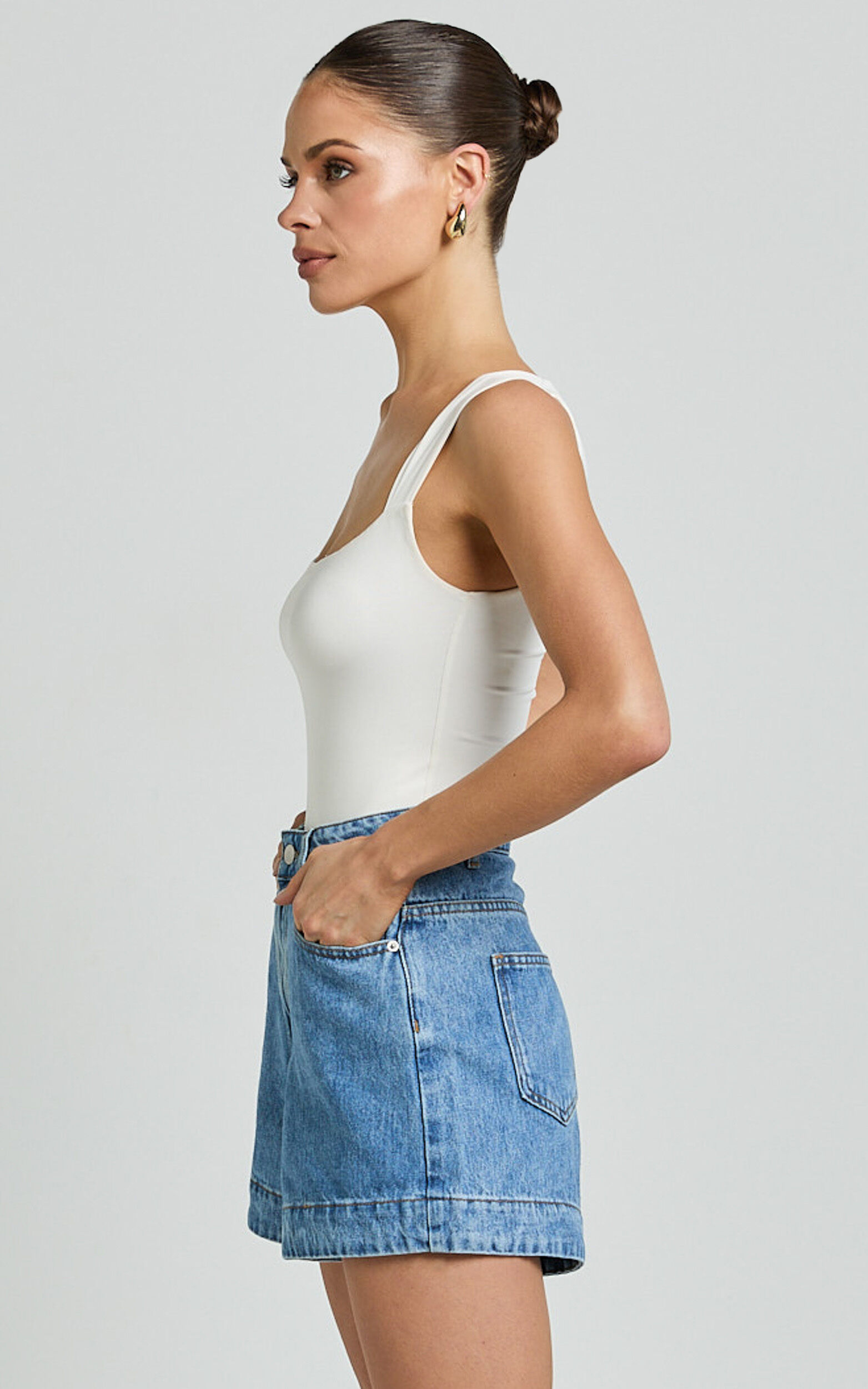 Rhianna Shorts - Mid Waist Recycled Denim Shorts in Mid Blue Wash
