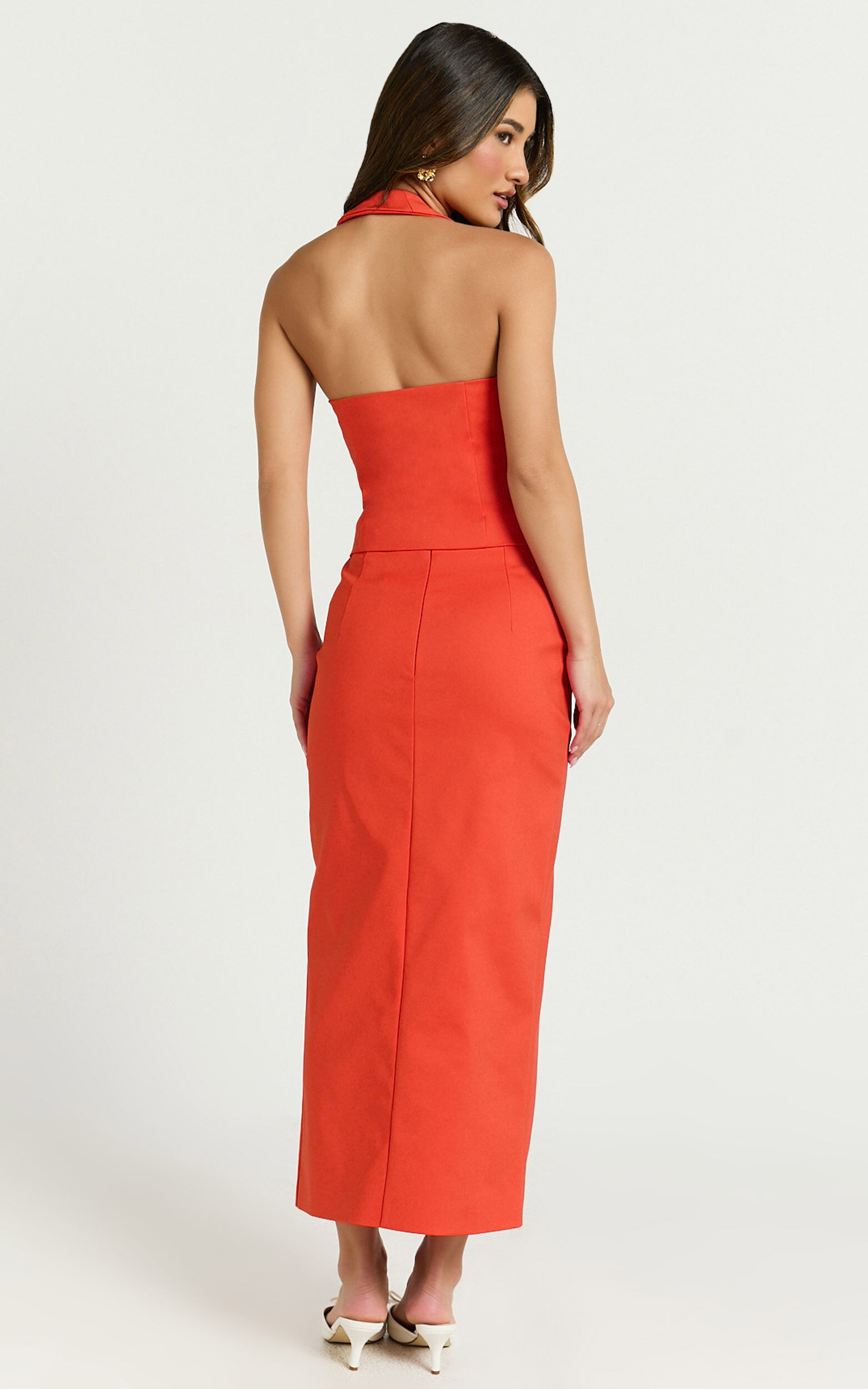 Kai Midi Skirt - Mid Waisted Front Split Fitted Skirt in Orange