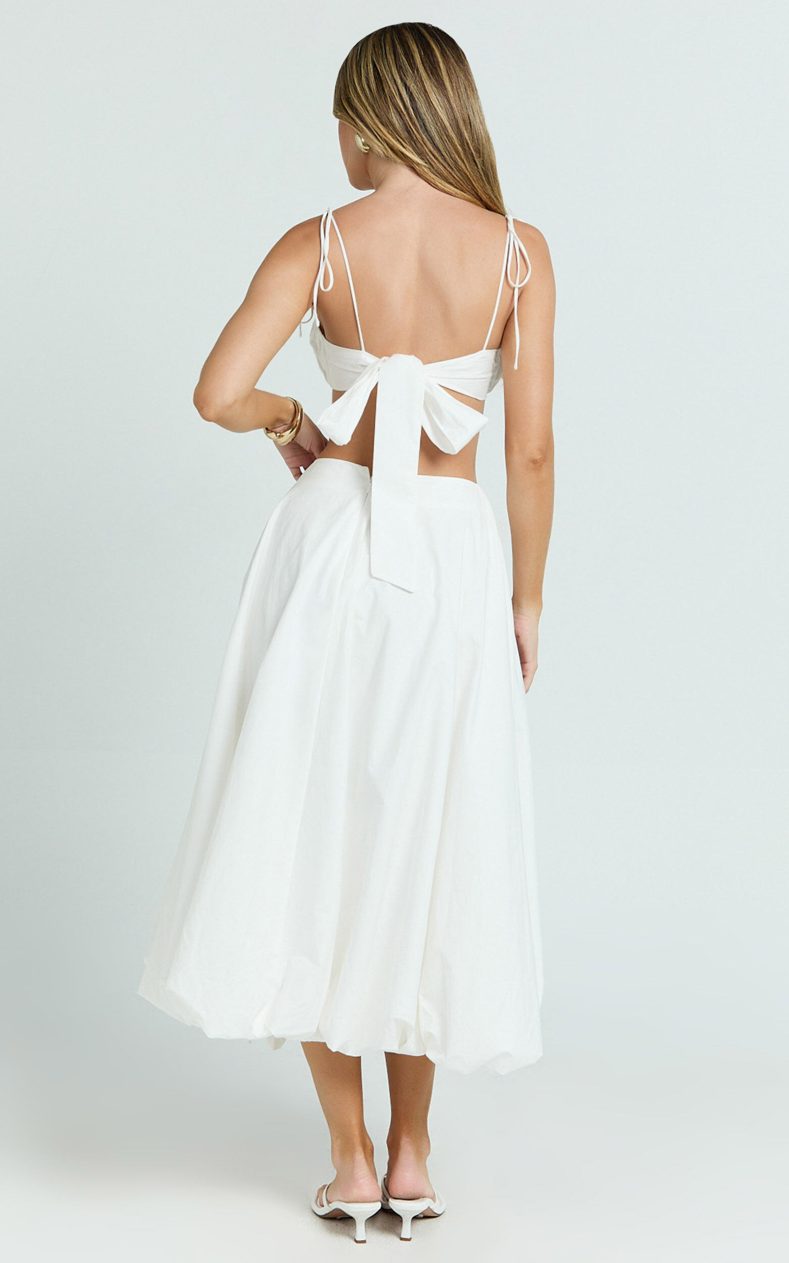 Sanders Two Piece Set - Ruche Strappy Square Neck Top And Bubble Hem Skirt in Off White