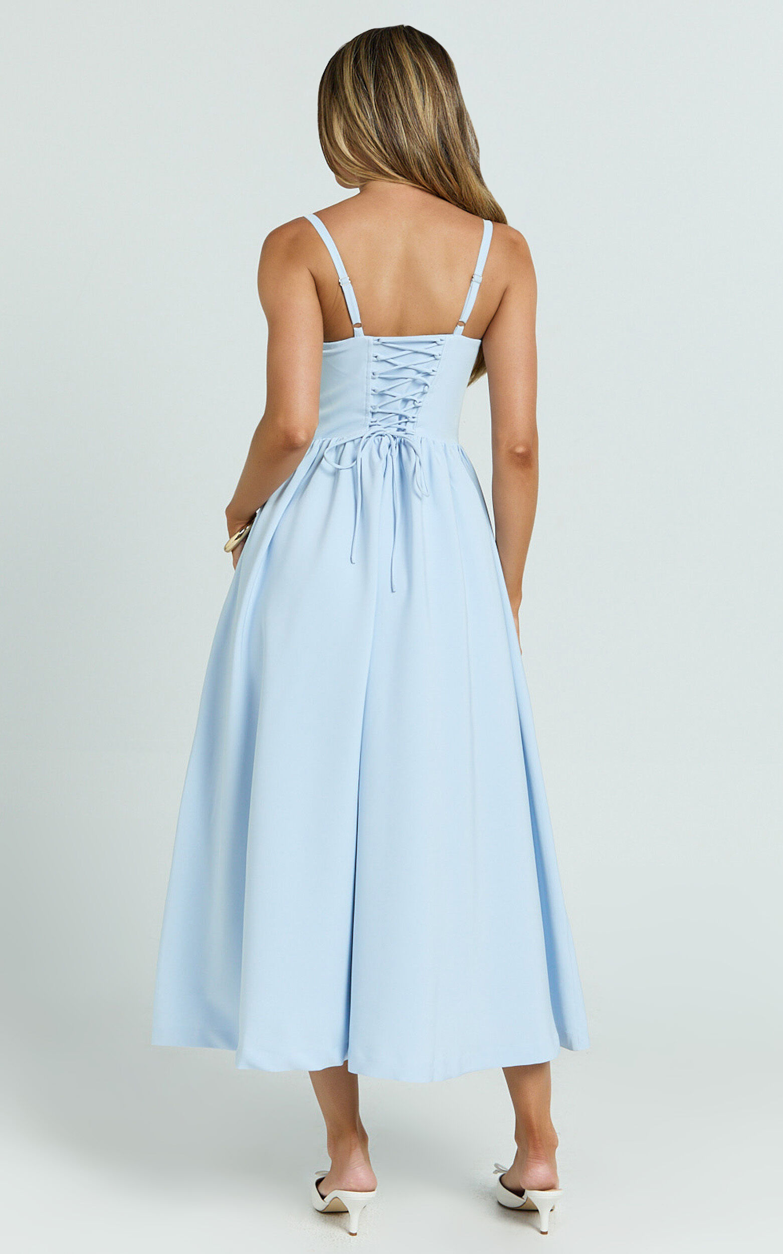 Nadine Midi Dress - Bustier Corset Waist Gathered Full Skirt Dress in Baby Blue