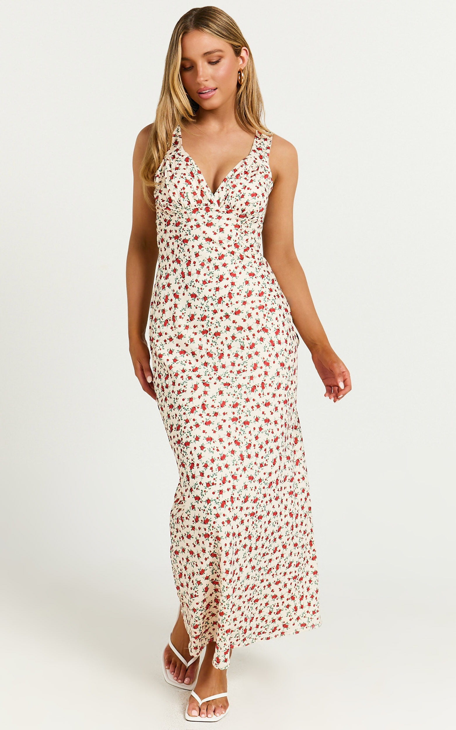 Mauriel Midi Dress - Deep V Gathered Bust Slip Dress in Red Floral