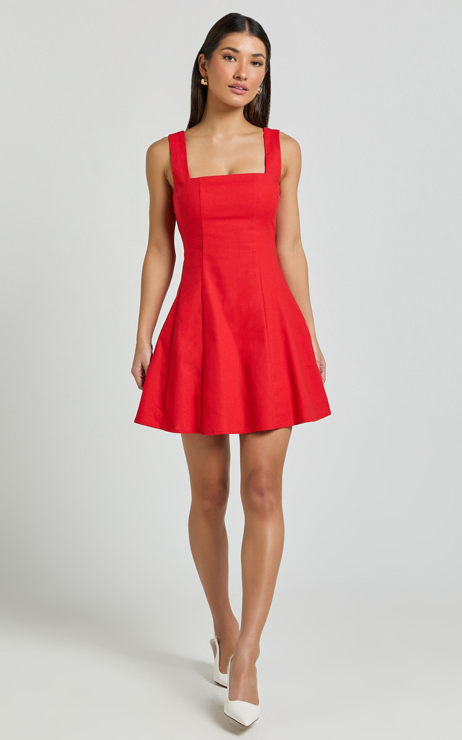 Adiana Mini Dress - Linen Square Neck Shirred Back A Line Dress in Red