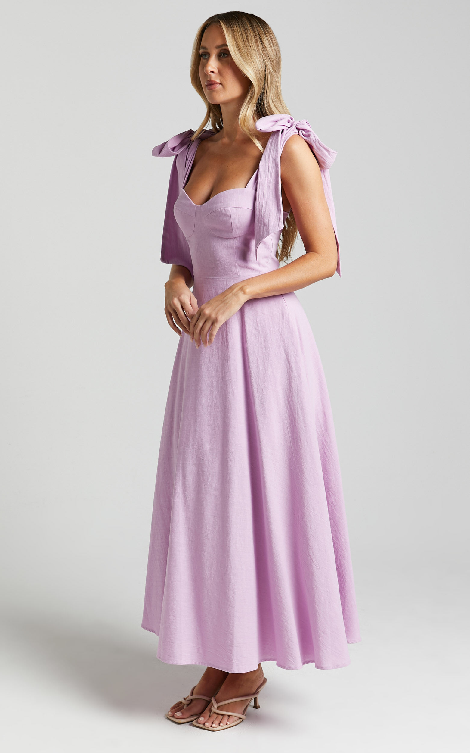 Tymia Midi Dress - Shoulder Tie Bustier Shirred Back A Line in Lavender