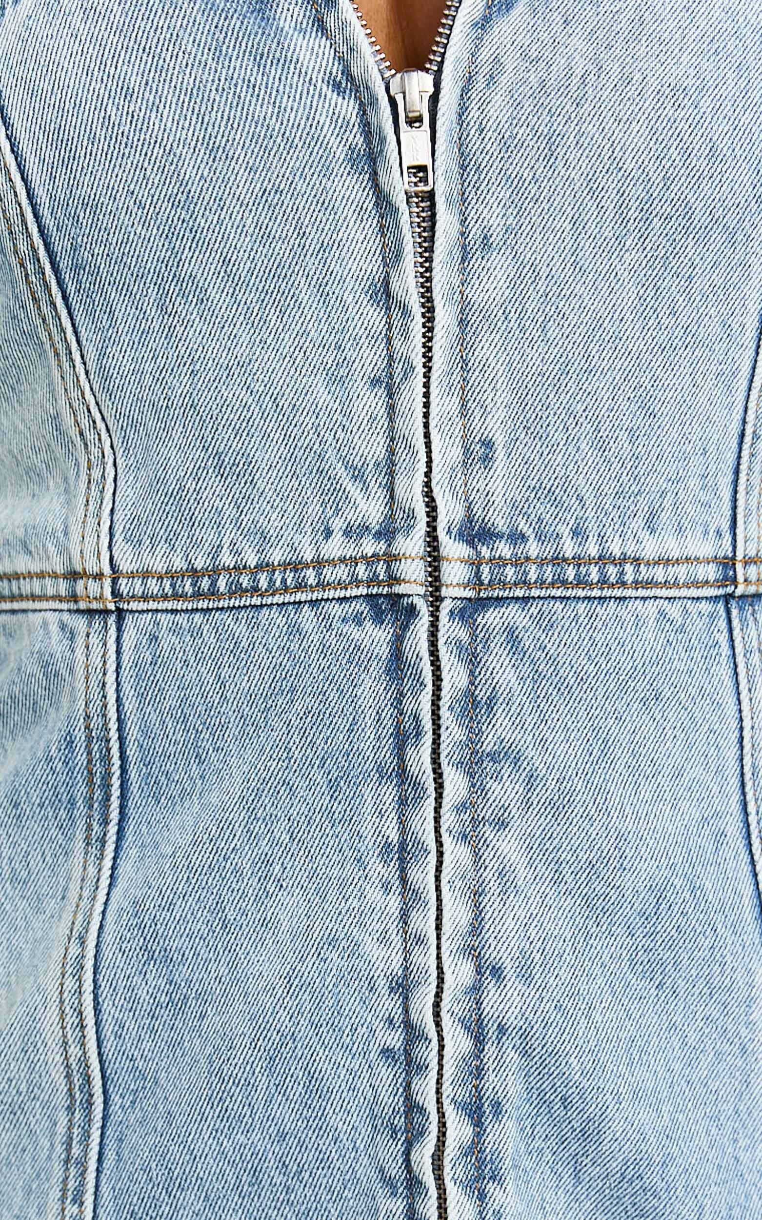 Chrysoula Mini Dress - Square Neck Zip Front Sleeveless Bodycon Denim in Light Blue Wash