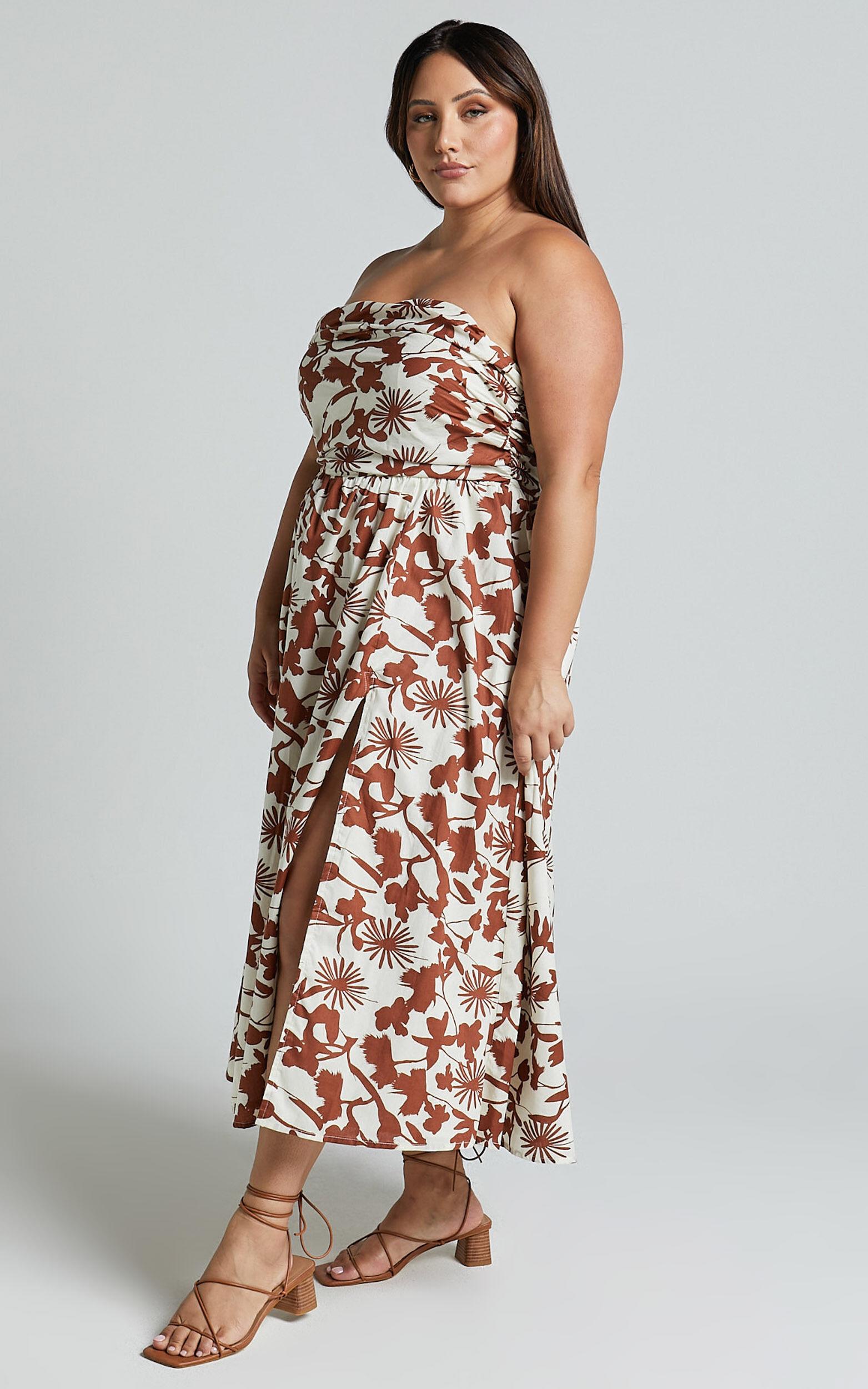 Evita Midi Dress - Ruched High Split Strapless Dress in Multi