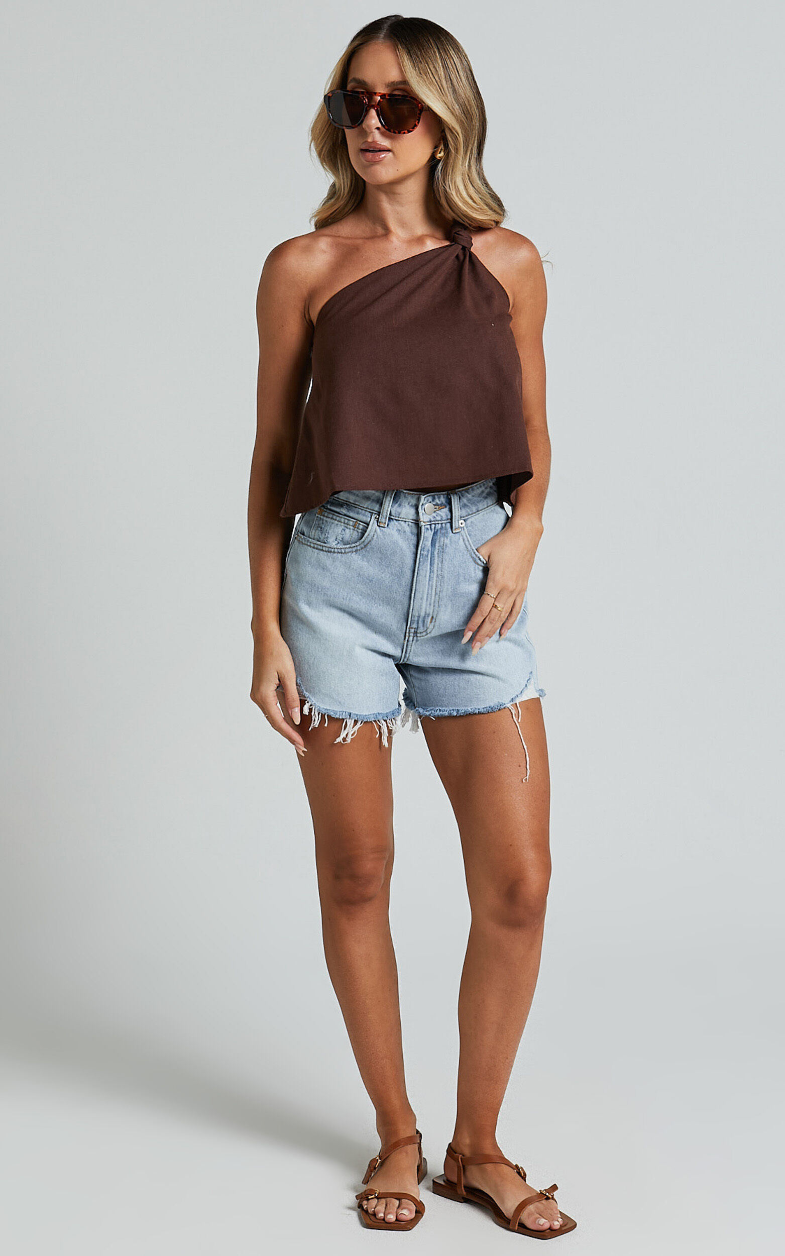 Analia Top - Linen Look One Shoulder Knot Detail Top in Chocolate