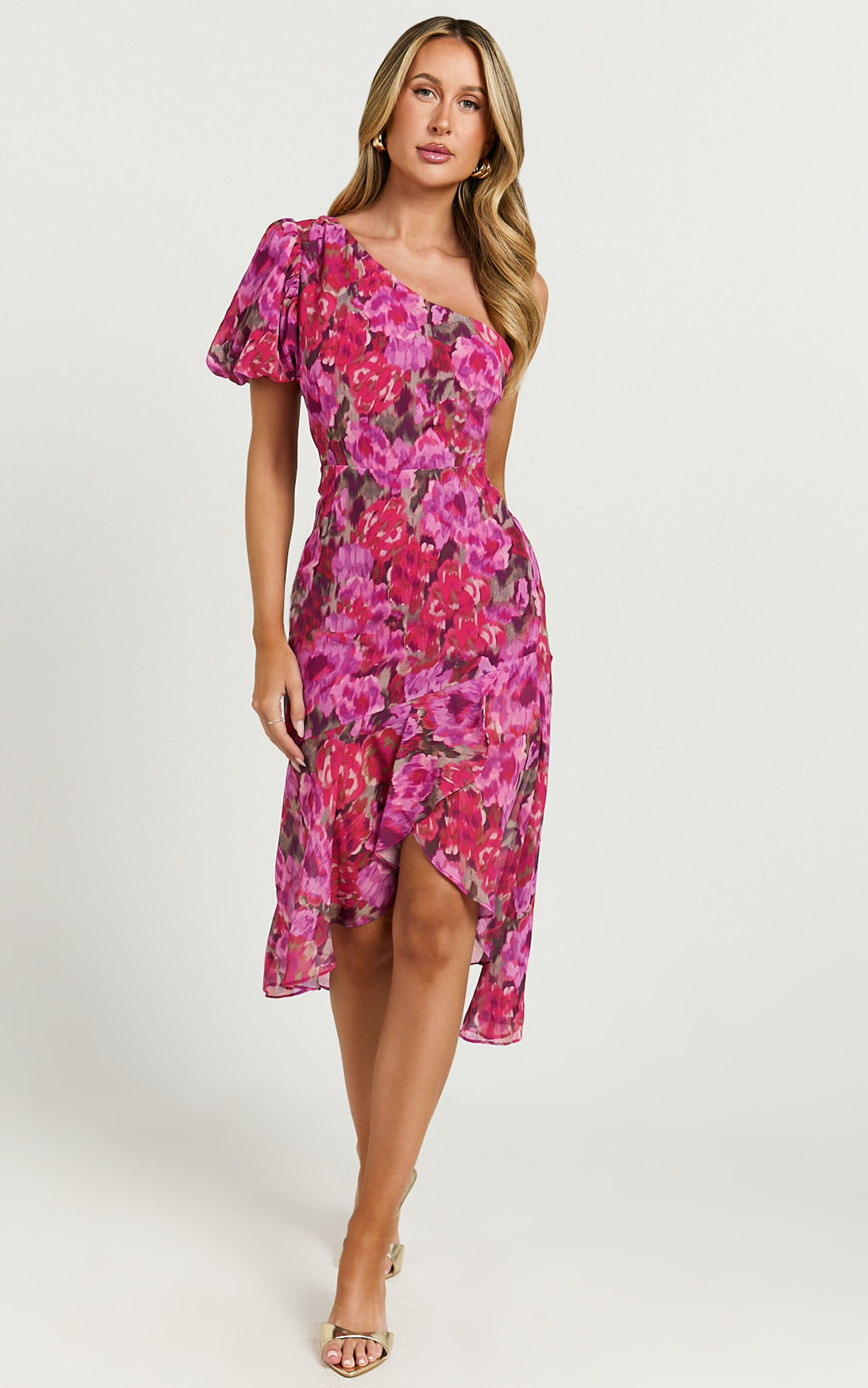 Clabelle Midi Dress - One Shoulder Ruffle Tulip Hem Dress in Violette Blur Floral