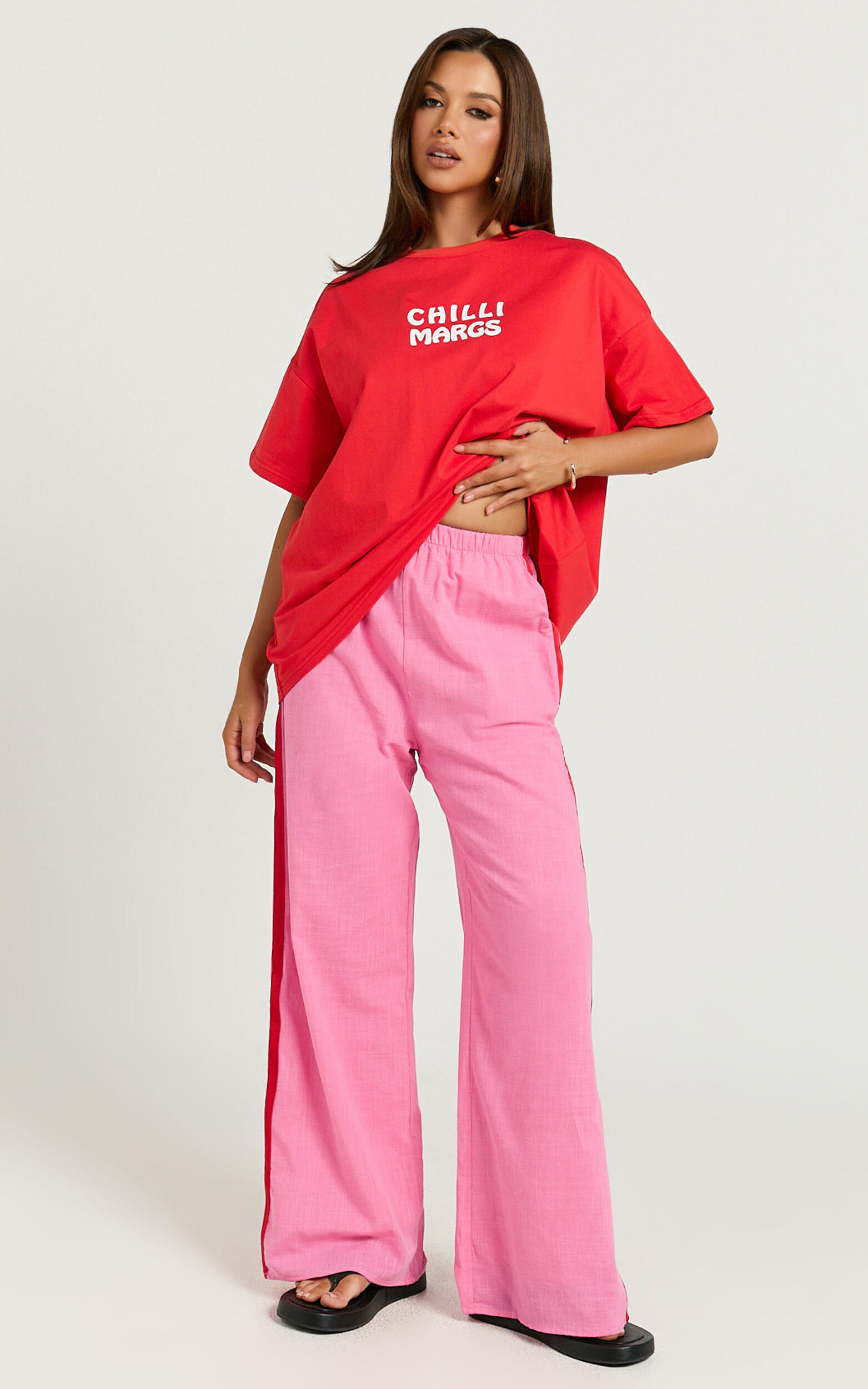 Editha Two Piece Set - Chilli Margs Oversized Tee and Stripe Pant Set in Red/Pink