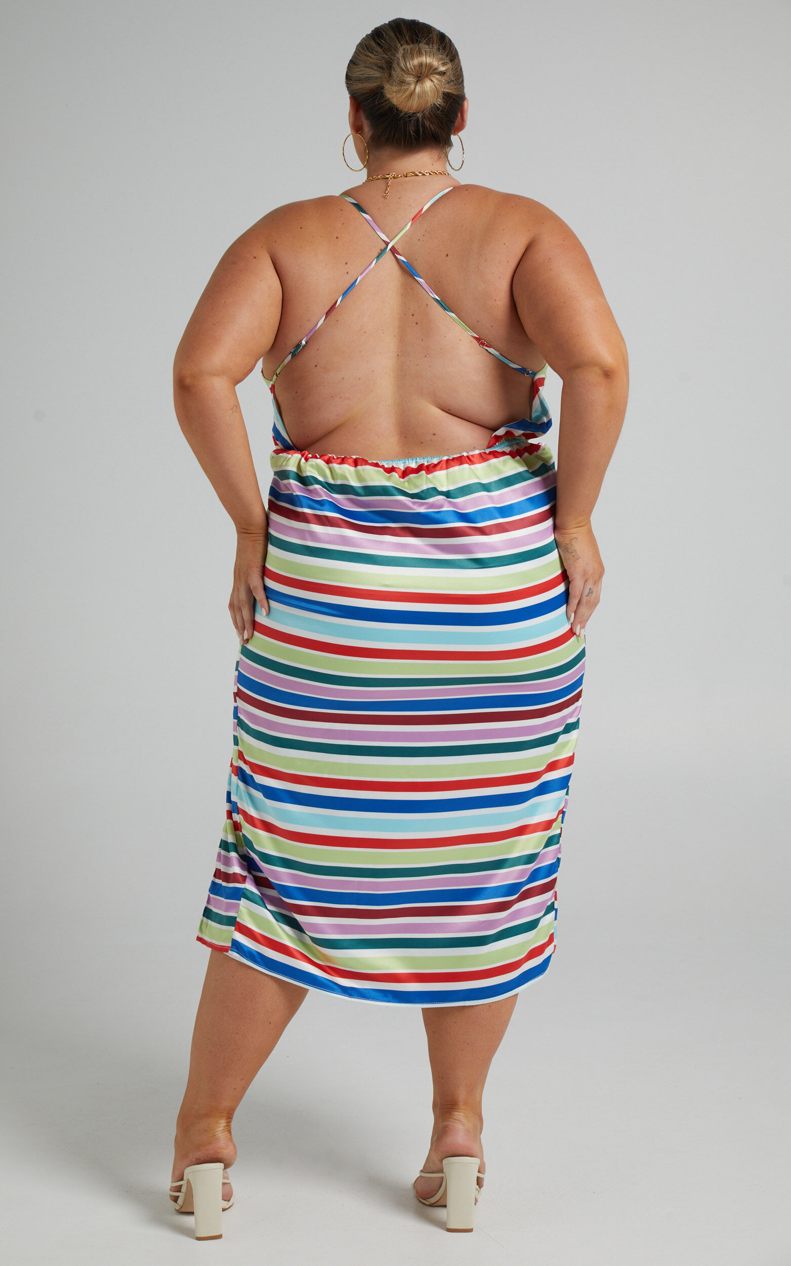 Fhel Midi Dress - Strappy Twist Front Dress in Multi Stripe Satin