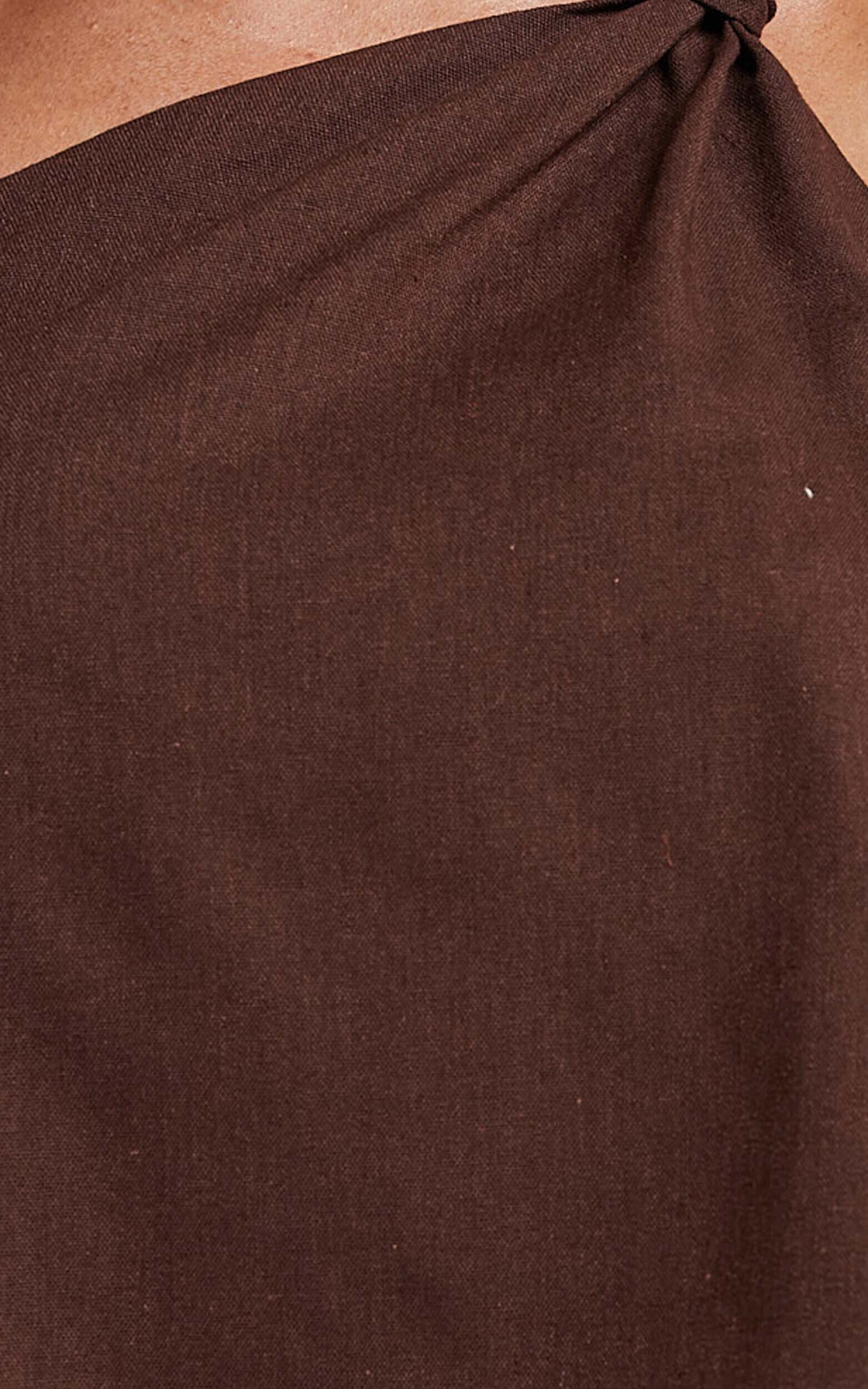Analia Top - Linen Look One Shoulder Knot Detail Top in Chocolate
