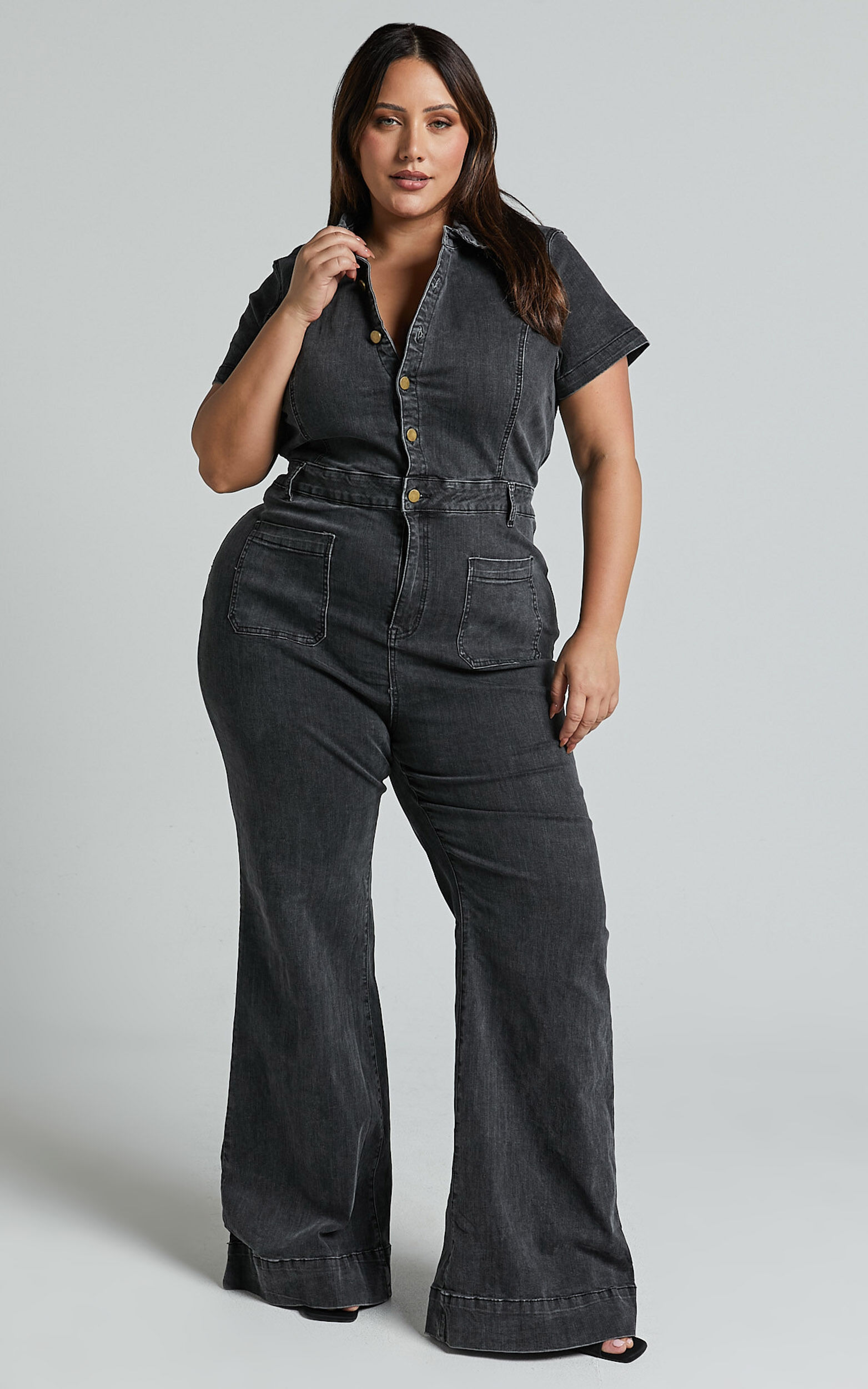 Silvena Jumpsuit - Short Sleeve Flared Denim Jumpsuit in Black Wash