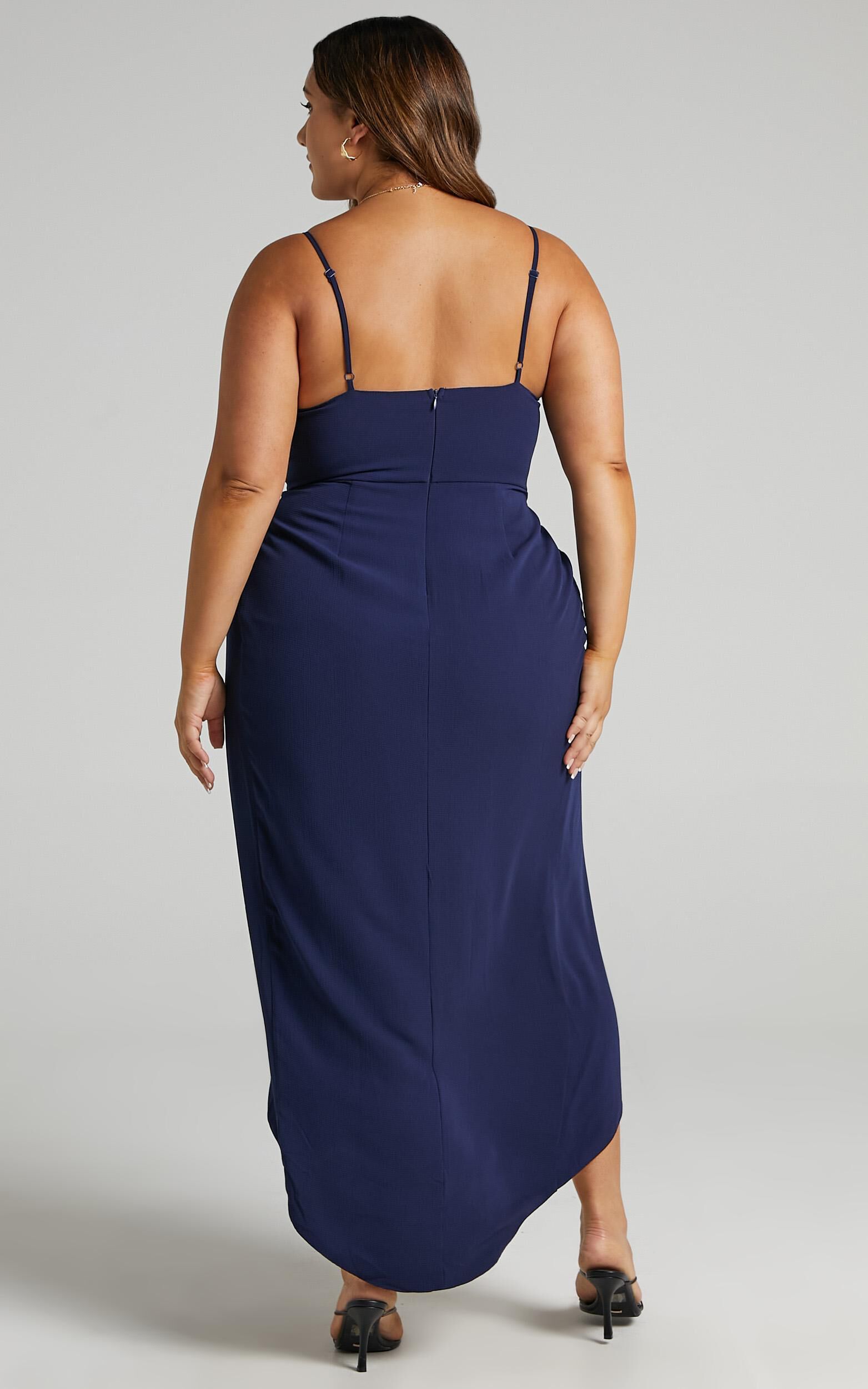 Lucky Day Midi Dress - V Neck Drape Dress in Navy