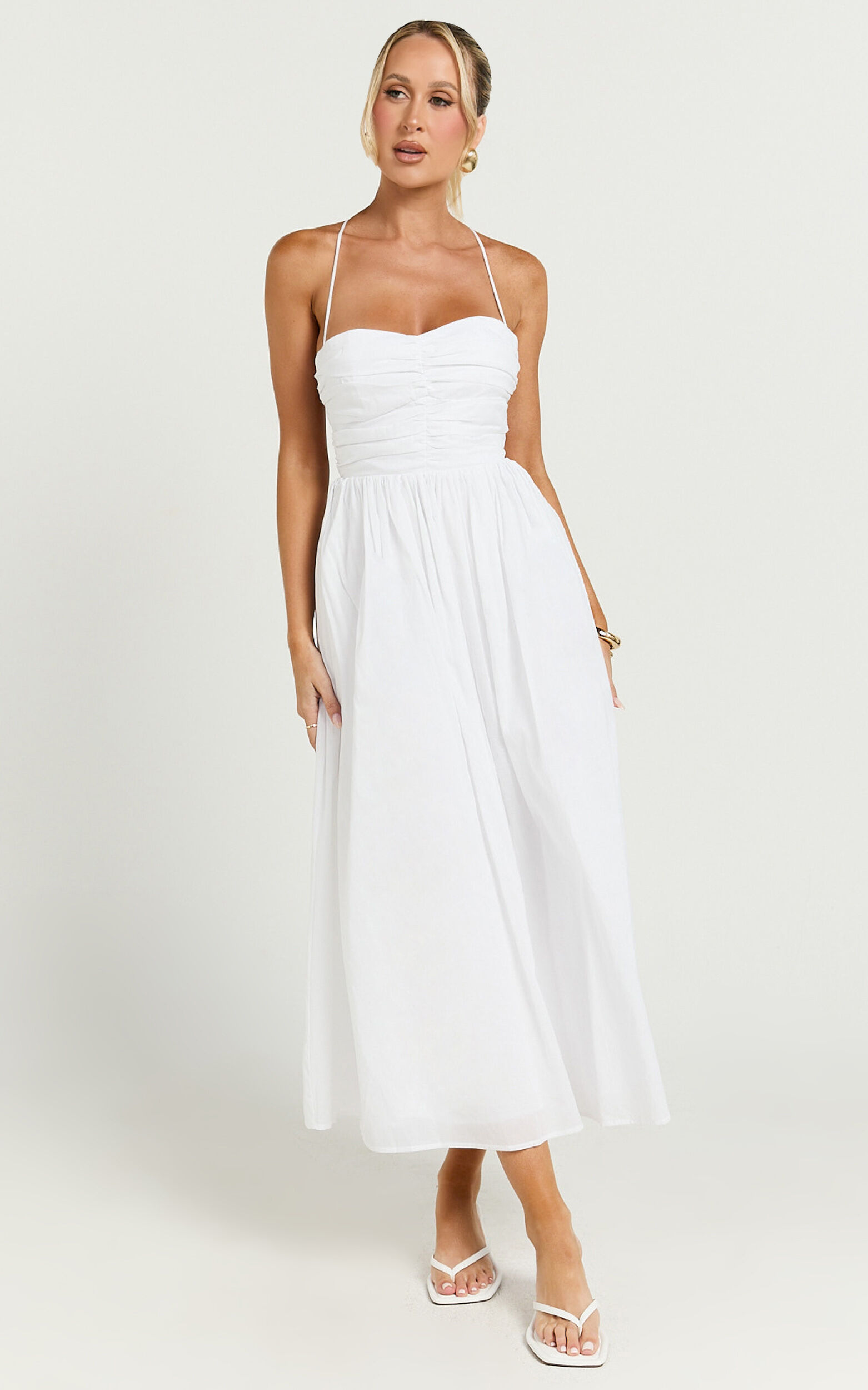 Caroline Midi Dress - Strapped Ruched Bodice Gathered Skirt Dress in White