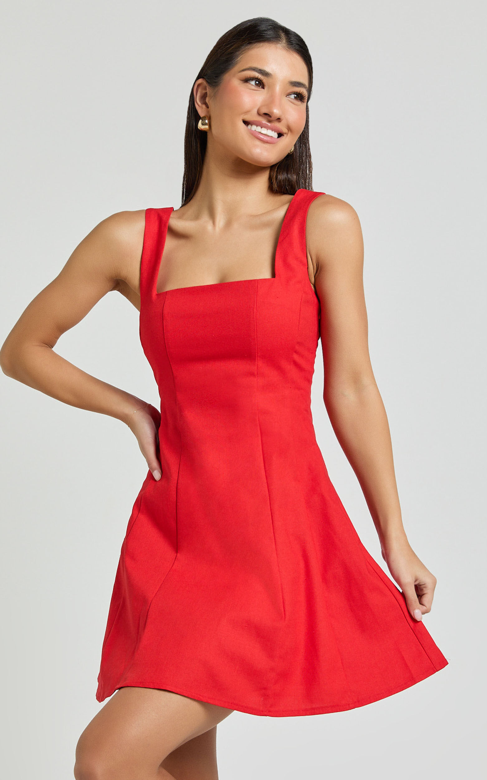 Adiana Mini Dress - Linen Square Neck Shirred Back A Line Dress in Red