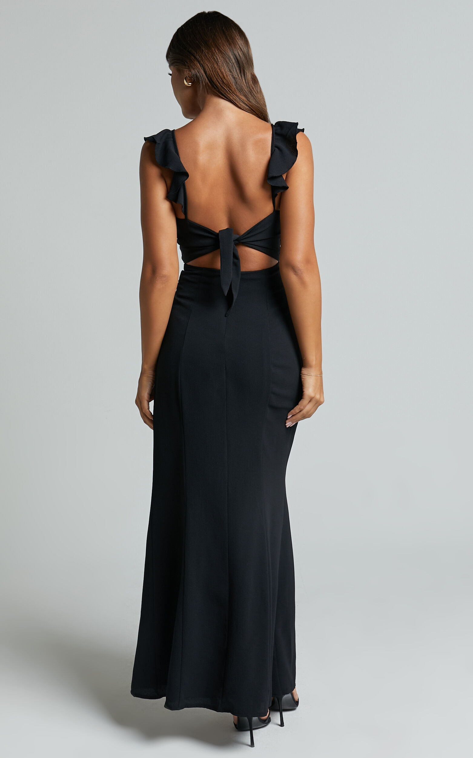 More Than This Maxi Dress - Ruffle Strap Thigh Split Dress in Black