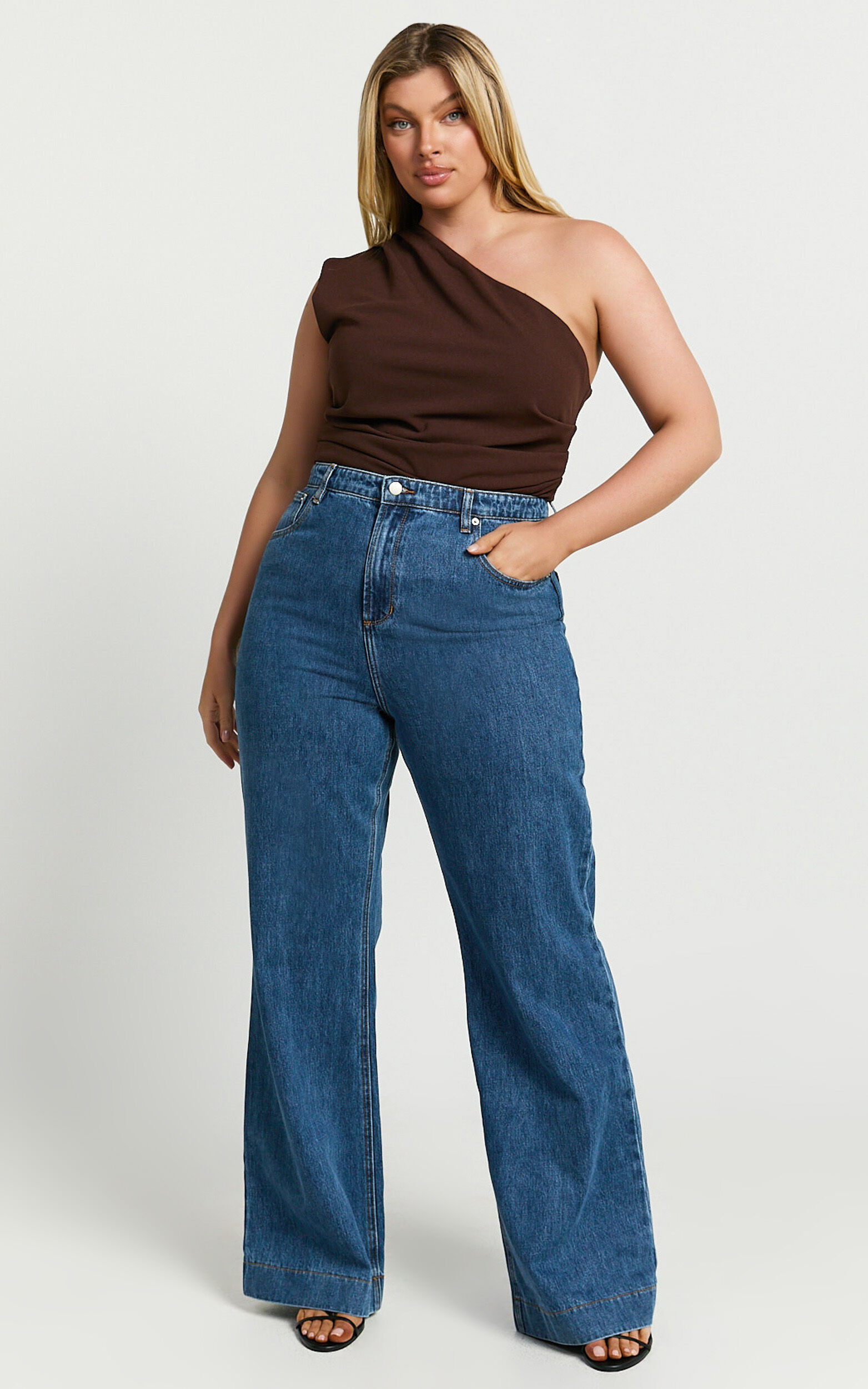 Emman Jeans - High Waisted Cotton Wide Leg Denim Jeans in Dark Blue Wash